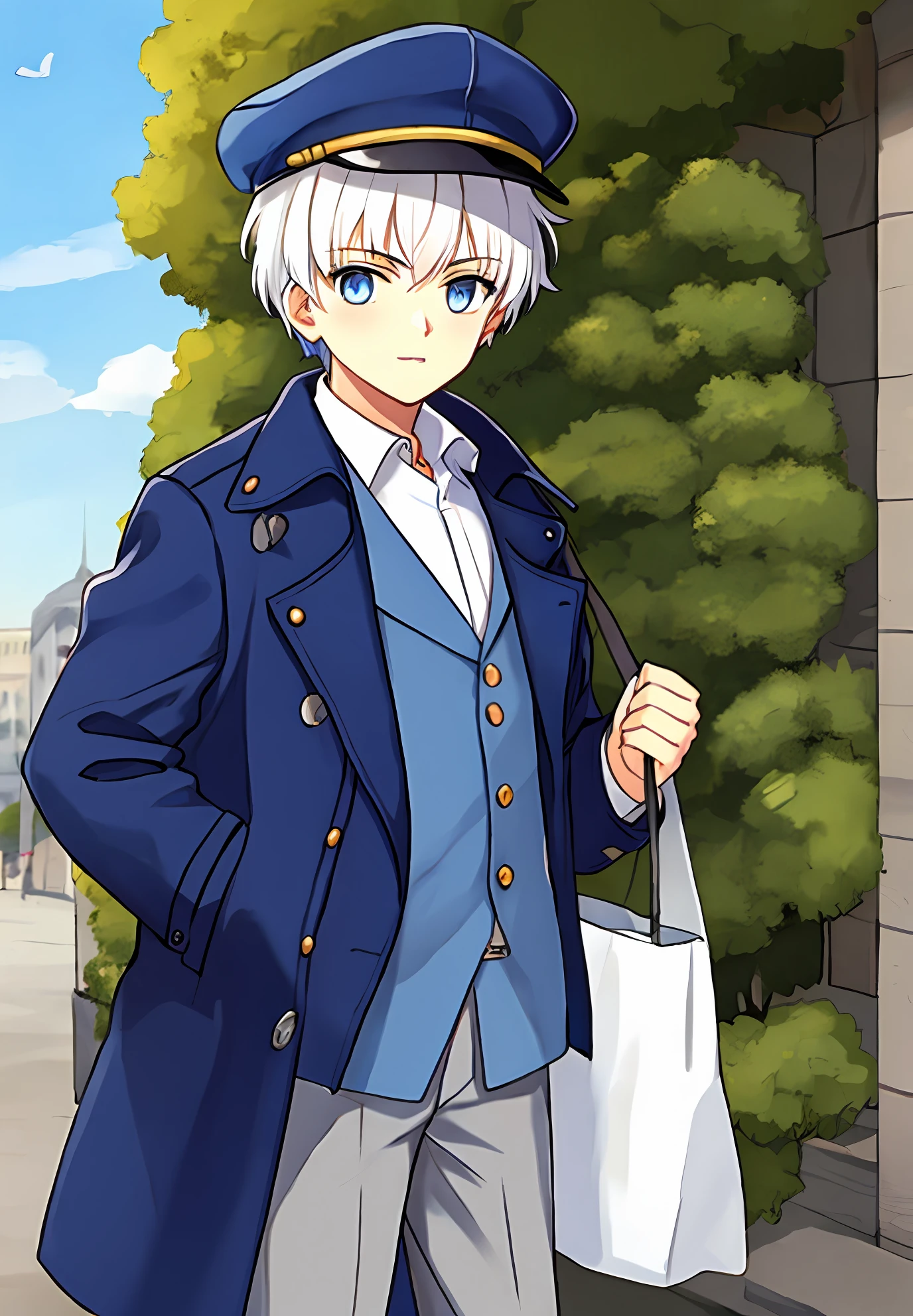 White hair, boy, blue eyes, coat, cap
