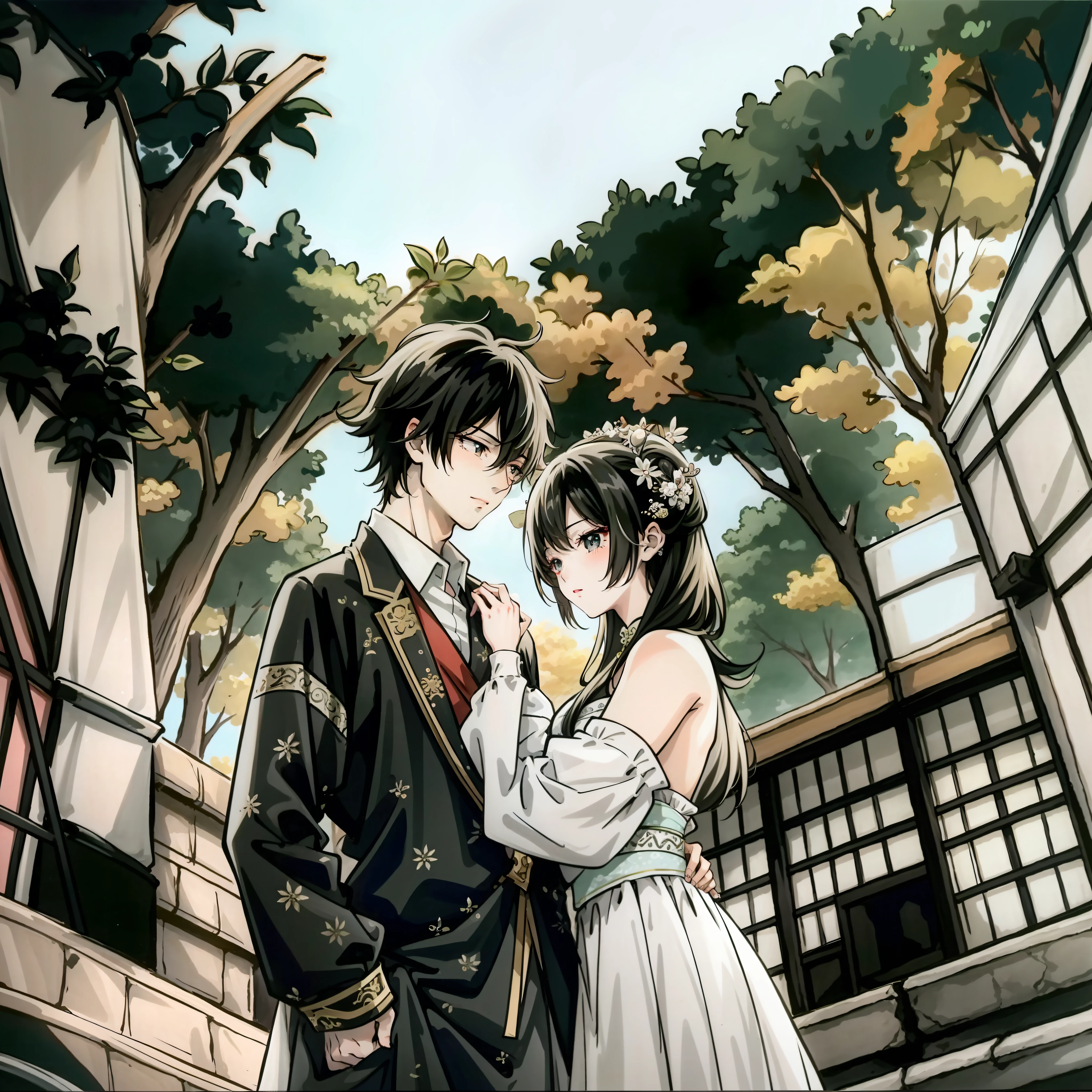 Anime couple in traditional costume standing in a courtyard with trees, High Quality Anime Art Style, boy girl traditional romance, [ 4 K digital art ]!!, anime art style, :14 80s anime style, in the art style of bowater, korean art nouveau anime, anime visual style, High-quality fanart, In anime style, beautiful anime art style