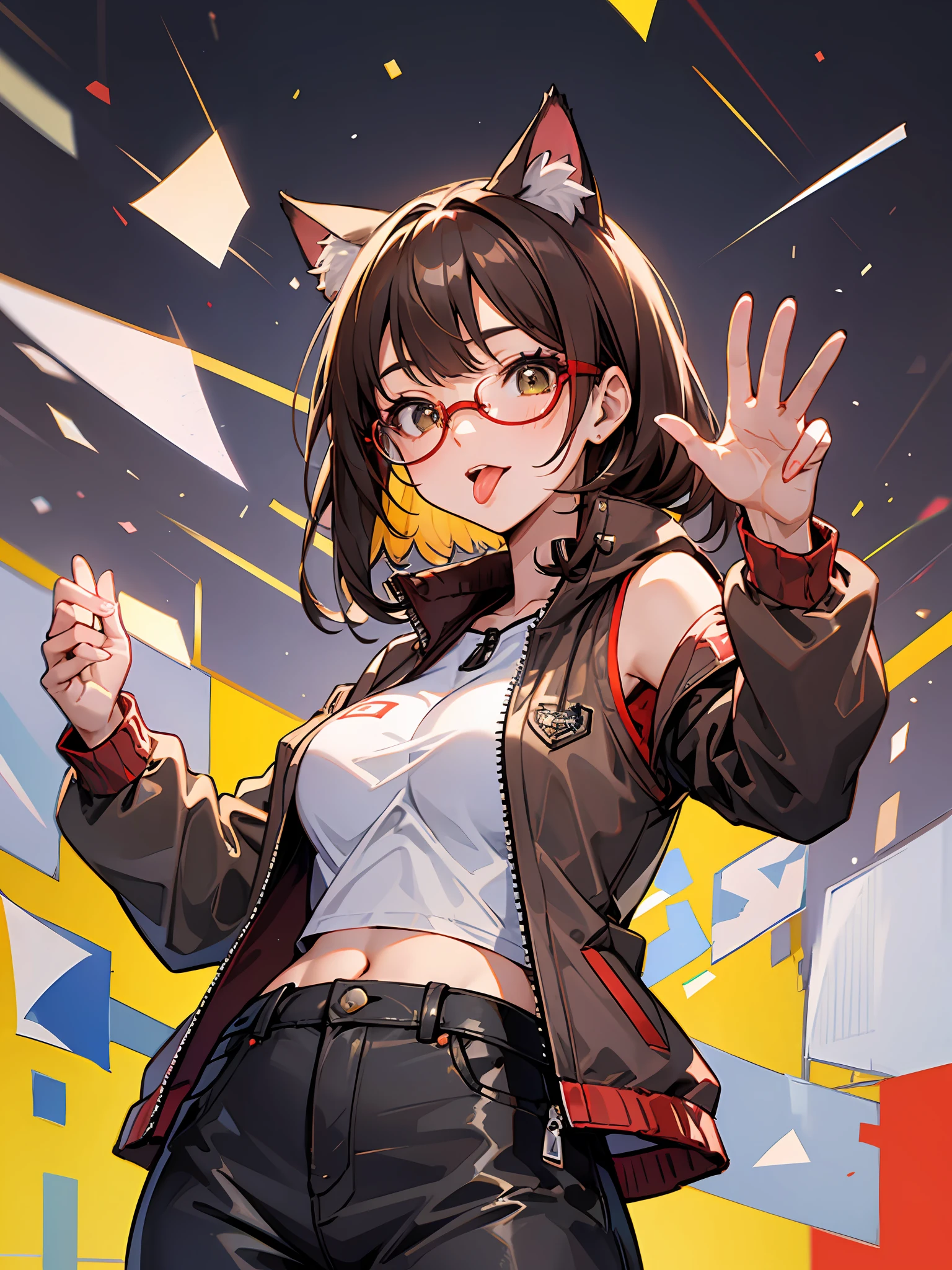 （（（1girll））），Cat ears，Raise both hands，Brown hair long，vests，jaket，cropped shoulders，cowboy lens，eye glass，medium boob，yellow backdrop，with her mouth open，Stick your tongue out to the audience，Be red in the face，