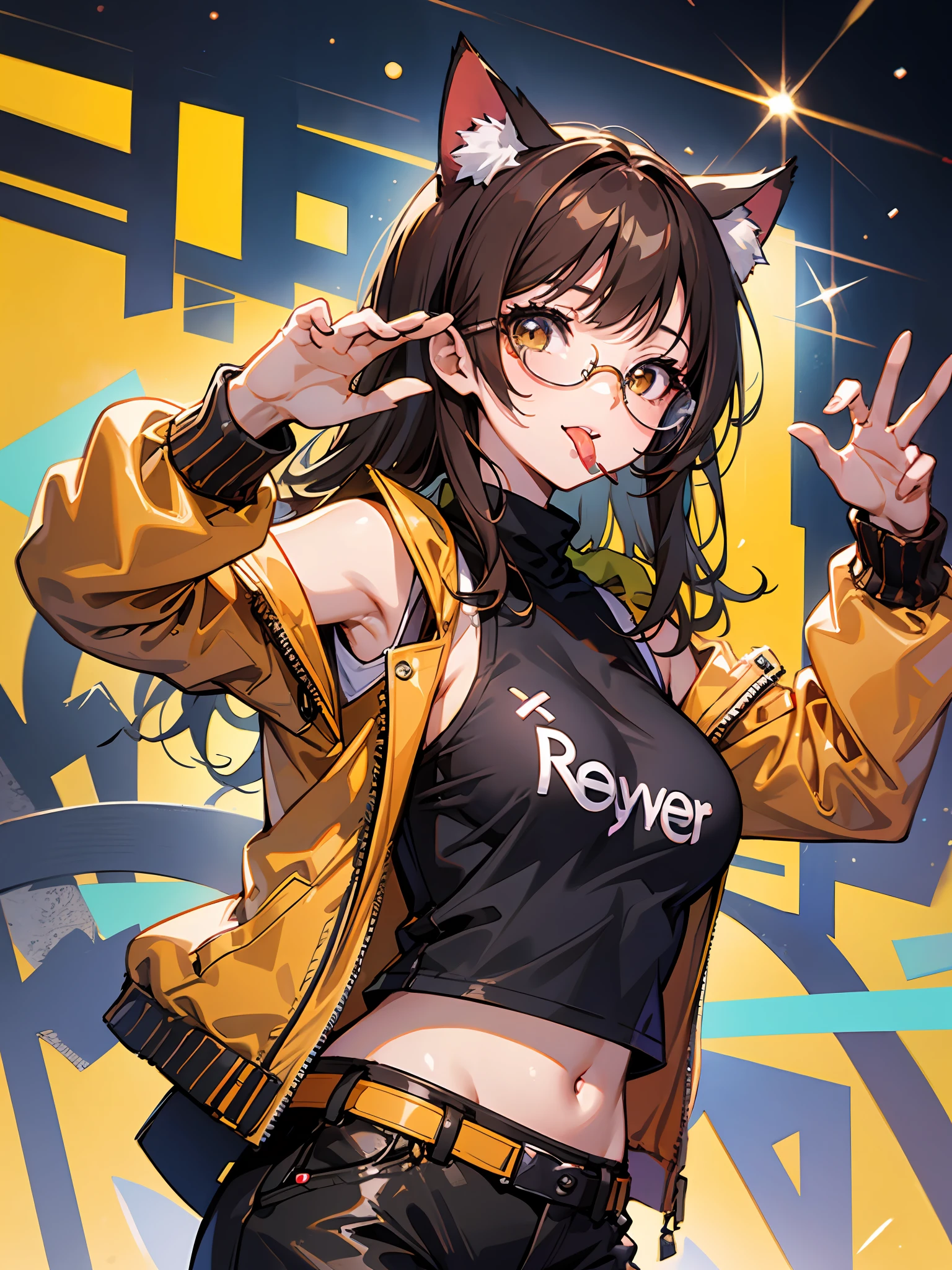 （（（1girll））），Cat ears，Raise both hands，Brown hair long，vests，jaket，cropped shoulders，cowboy lens，eye glass，medium boob，yellow backdrop，with her mouth open，Stick your tongue out to the audience，Be red in the face，