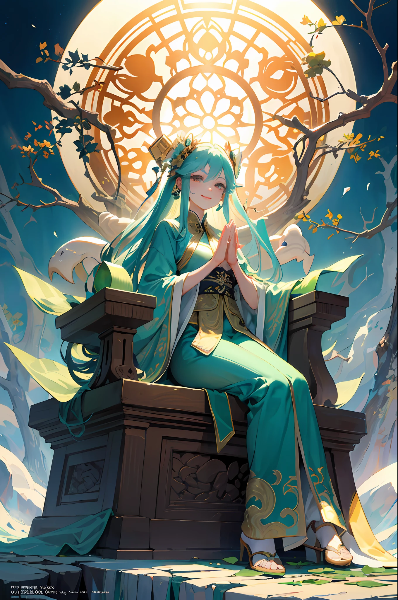 dreamy, serene, white and green:1.2),
(full body, sitting, Guanyin with jade bottle:1.1),(praying hands),(blessing),(smiling),(compassionate),
(lotus throne, floating, below Guanyin:1.2),
(lotus flowers, branches),
(dry ice, fog, below:1.1),
(from front),(medium shot),
As she sits on a floating lotus throne, Guanyin holds a jade bottle and makes a praying gesture. She smiles and blesses the world with her compassion. Behind her, lotus flowers and branches surround her, creating a natural and peaceful backdrop. Below her, dry ice forms a fog that adds to the dreamy atmosphere. The main colors are white and green, creating a pure and harmonious mood.
(magazine:1.3), (cover-style:1.3), fashionable, woman, vibrant, outfit, posing, front, colorful, dynamic, background, elements, confident, expression, holding, statement, accessory, majestic, coiled, around, touch, scene, text, cover, bold, attention-grabbing, title, stylish, font, catchy, headline, larger, striking, modern, trendy, focus, fashion,