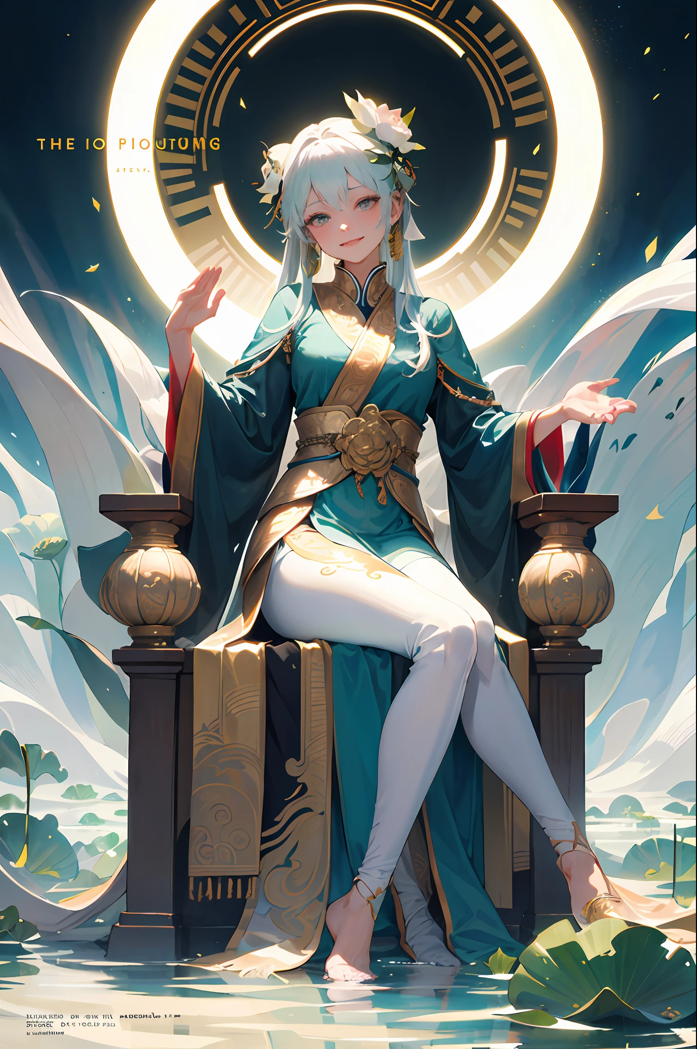 dreamy, serene, white and green:1.2),
(full body, sitting, Guanyin with jade bottle:1.1),(praying hands),(blessing),(smiling),(compassionate),
(lotus throne, floating, below Guanyin:1.2),
(lotus flowers, branches),
(dry ice, fog, below:1.1),
(from front),(medium shot),
As she sits on a floating lotus throne, Guanyin holds a jade bottle and makes a praying gesture. She smiles and blesses the world with her compassion. Behind her, lotus flowers and branches surround her, creating a natural and peaceful backdrop. Below her, dry ice forms a fog that adds to the dreamy atmosphere. The main colors are white and green, creating a pure and harmonious mood.
(magazine:1.3), (cover-style:1.3), fashionable, woman, vibrant, outfit, posing, front, colorful, dynamic, background, elements, confident, expression, holding, statement, accessory, majestic, coiled, around, touch, scene, text, cover, bold, attention-grabbing, title, stylish, font, catchy, headline, larger, striking, modern, trendy, focus, fashion,