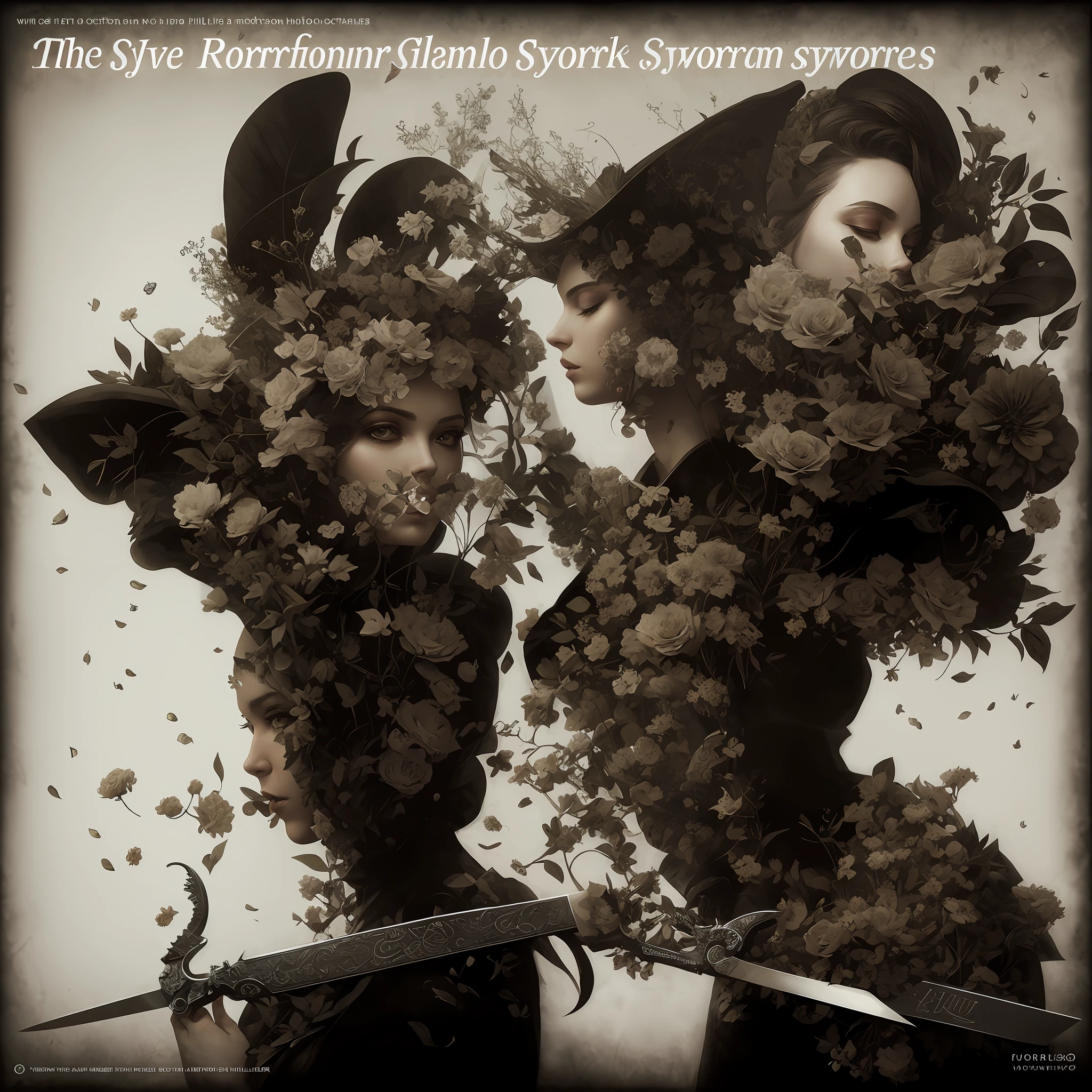 There were two women with flowers and scissors in front., Floralpunk Elysian Maiden, Sylvain Sarrailh and Igor Morski, In the form of dark fantasy art., Romantic Art Style, Dan Hillier Style, Romantic Dreampunk Artwork, official artwork, Surreal avant-garde style, Yuri Shwedoff and Tom Bagshaw, No characters