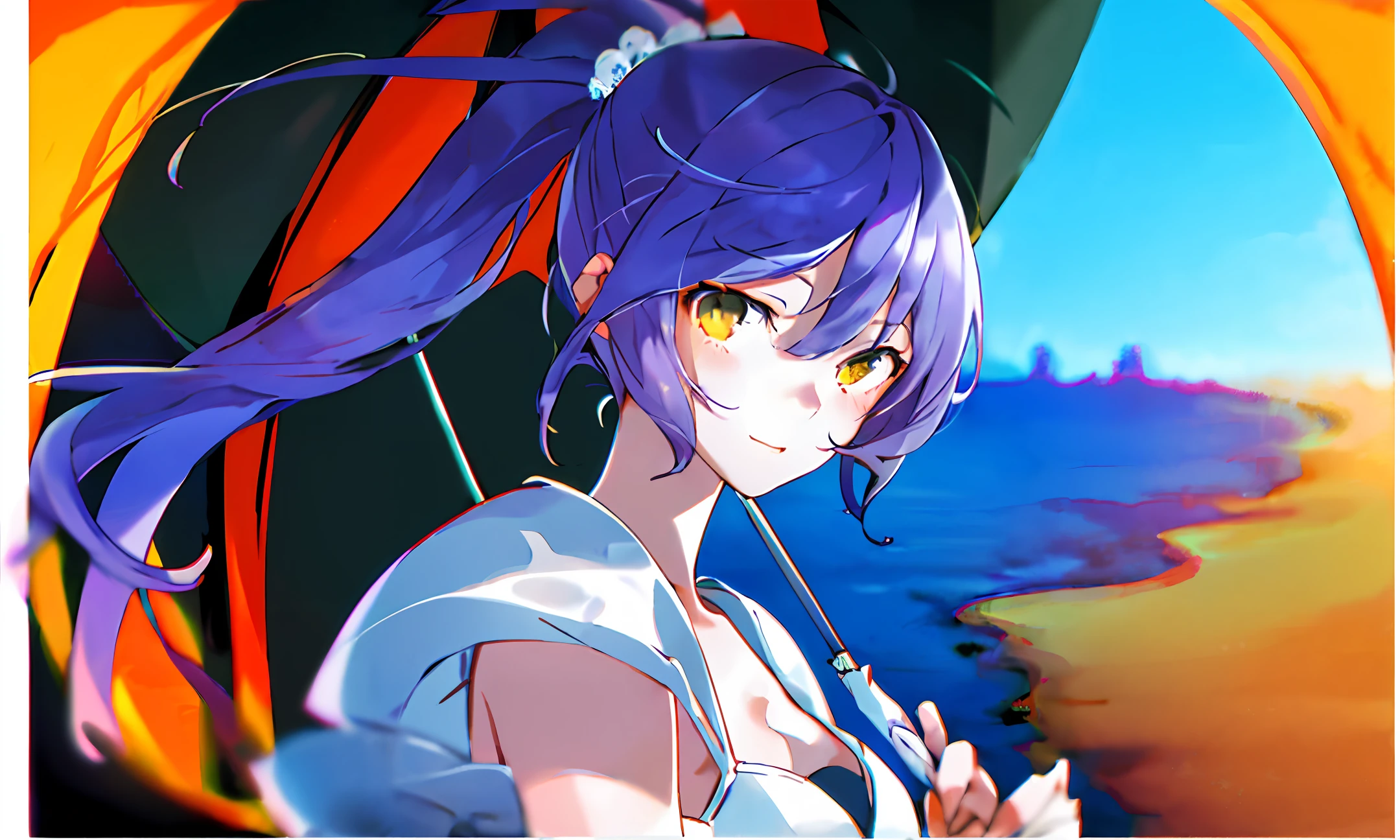 Purple-haired girl, Double ponytail, White dress, Head up, White lace umbrella in hand, Golden eyes, Delicate
