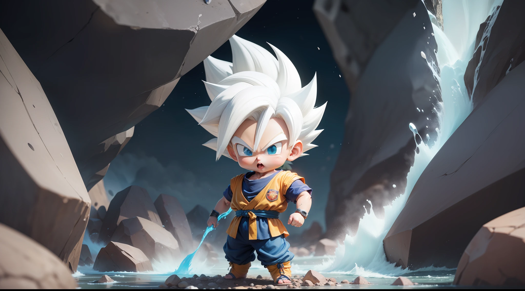 (Masterpiece), (Extreme Quality), (Ultra Detailed), (Beautiful delicate face), (Beautiful detailed eyes), (Full Body from head to toes: 1.3), 1 boy, (9 year old goku in super saiyan with white hair from Akira Toriyama's Dragon Ball manga: 1.7), solo, Chibi, Cute, water waves and blue fire effect, space, cracked ground and lots of rocks rising up, perfect hands