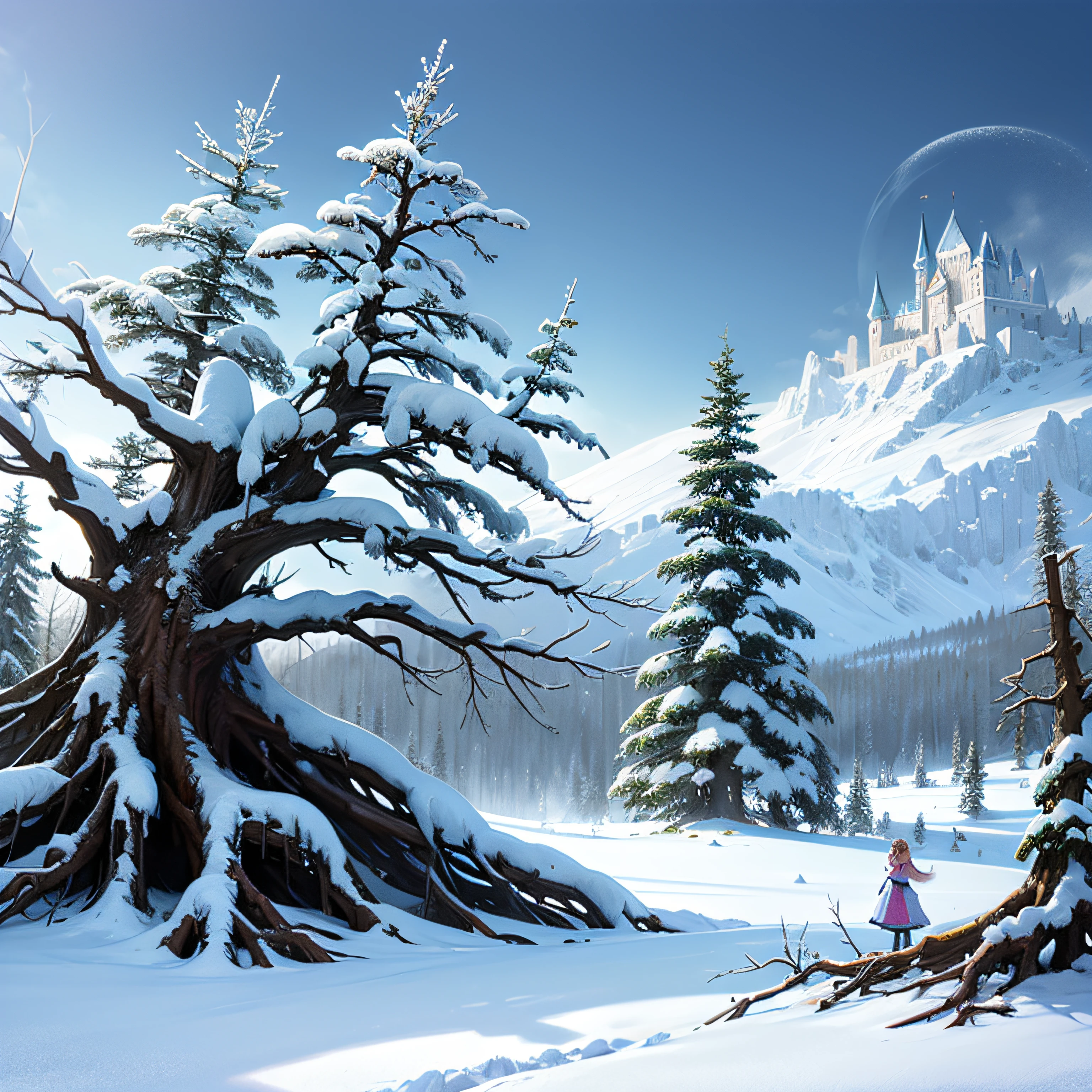 Princess Elsa,snowfield,Ice Castle,dead tree