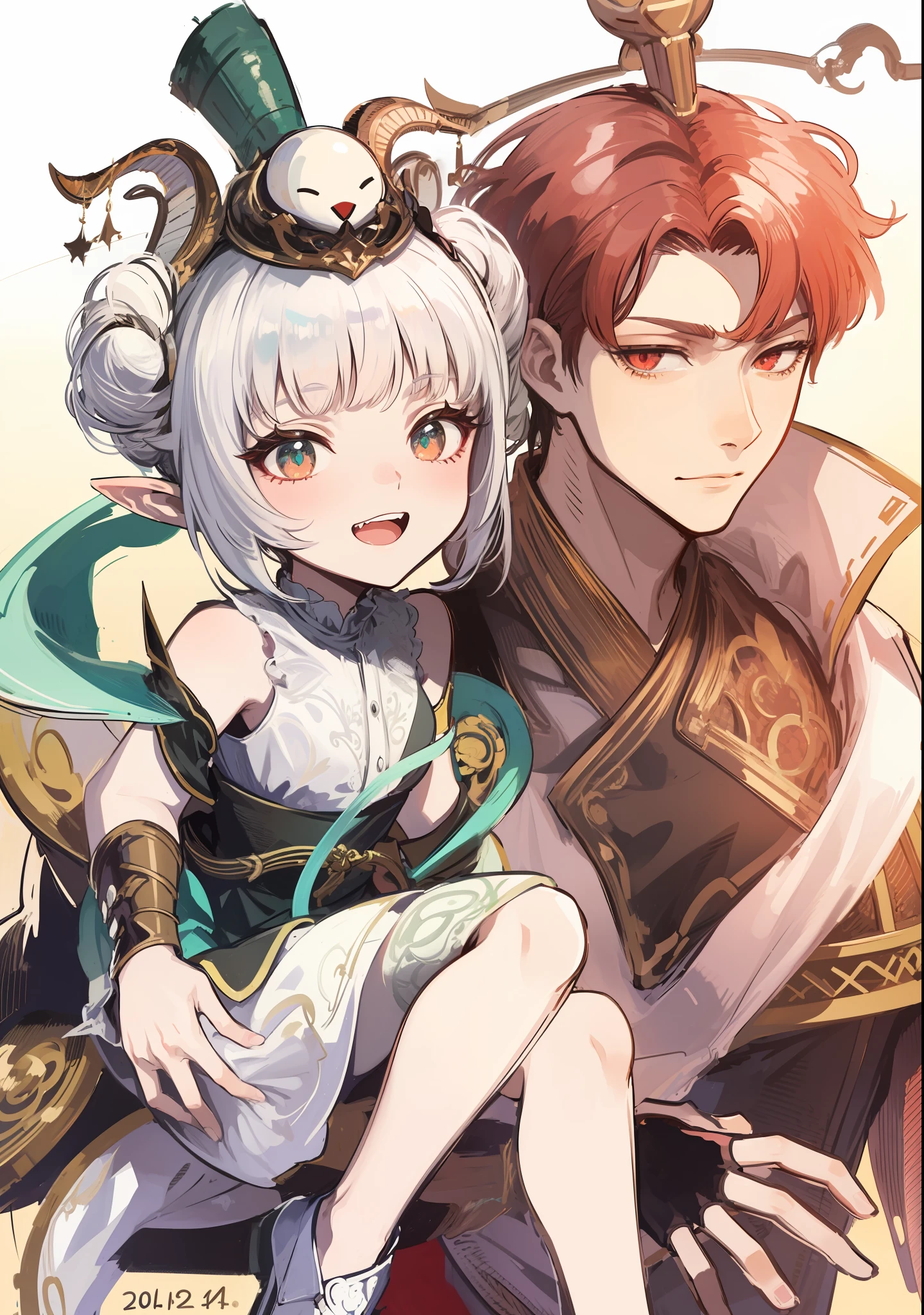 1man, sharp red eyes with sharp pupils, white sharp hair and he was wearing the demon king robes and holding his daughter and with his wife ((41 year old face))