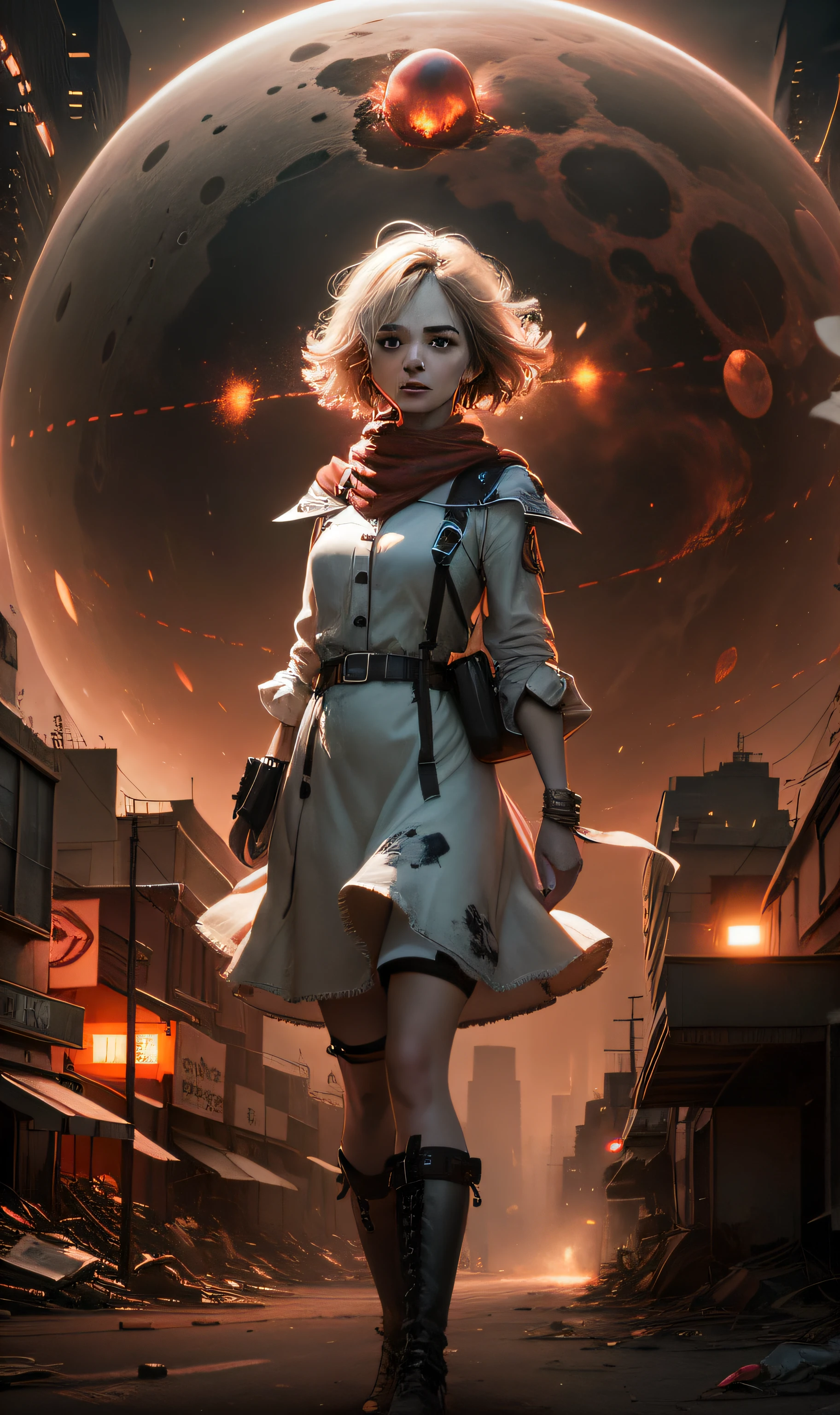 A cover art illustration of Alice Margatroid in the ambiance of Akira's dystopian setting. The artwork should depict Alice amidst the chaos and turmoil of a city under siege. The design should include familiar Akira elements such as the large red energy sphere and dramatic light trails, all in the context of Alice's magic. High resolution, hyper-detailed, with dramatic lighting, Unreal Engine, cinematic, elegant, post-production, post-processing color-coded UHD, 8K. --auto