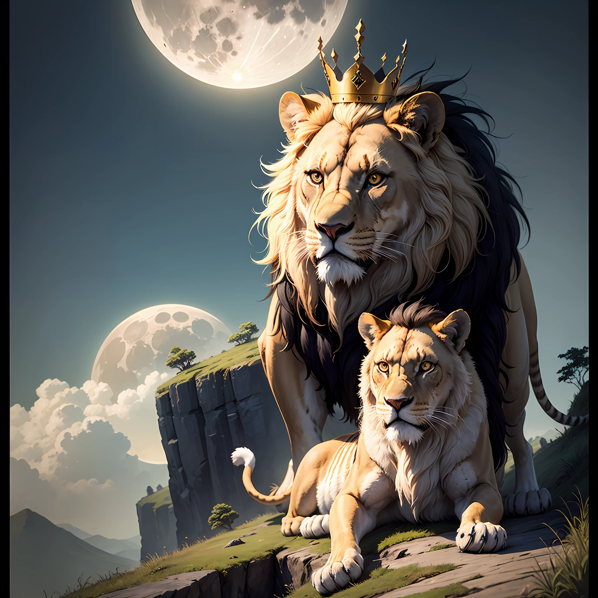 Guibli、Lion in a crown、king of beasts、Animals around、Barking from the top of a cliff、a moon --auto