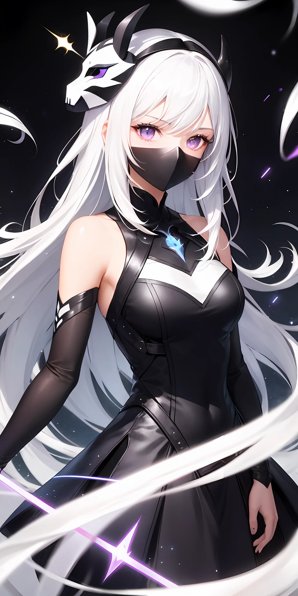 1girl, white hair, multicolored hair, purple eyes, mask on head, sidelighting, light particles, wallpaper,