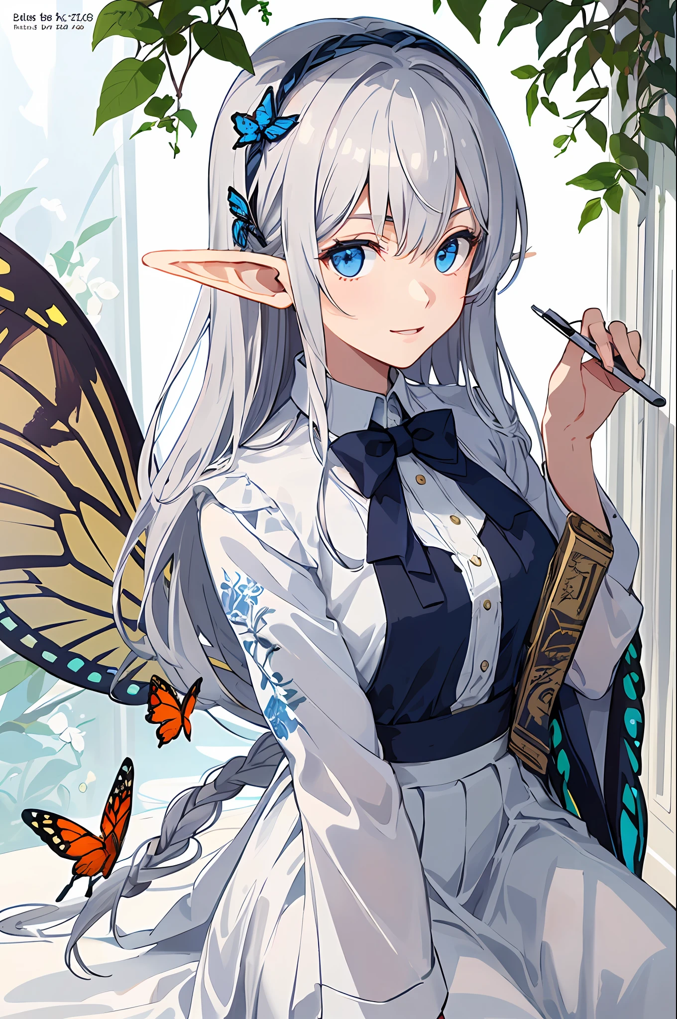 ((masterpiece)), expressionless, (((best quality))), ((illustration)),
1girl, elf, ((solo)), (detailed face), (beautiful detailed eyes), light eyes, blue eyes, ((disheveled hair)), silver hair, full body,
smile, blank stare, sitting, ((looking to the side)),
bow tie hair band, white transparent long skirt, noble, mysterious,
bright background, in forest, nature, sunshines through the leaves, butterfly, river, close-up,
(magazine:1.3), (cover-style:1.3), fashionable, woman, vibrant, outfit, posing, front, colorful, dynamic, background, elements, confident, expression, holding, statement, accessory, majestic, coiled, around, touch, scene, text, cover, bold, attention-grabbing, title, stylish, font, catchy, headline, larger, striking, modern, trendy, focus, fashion,