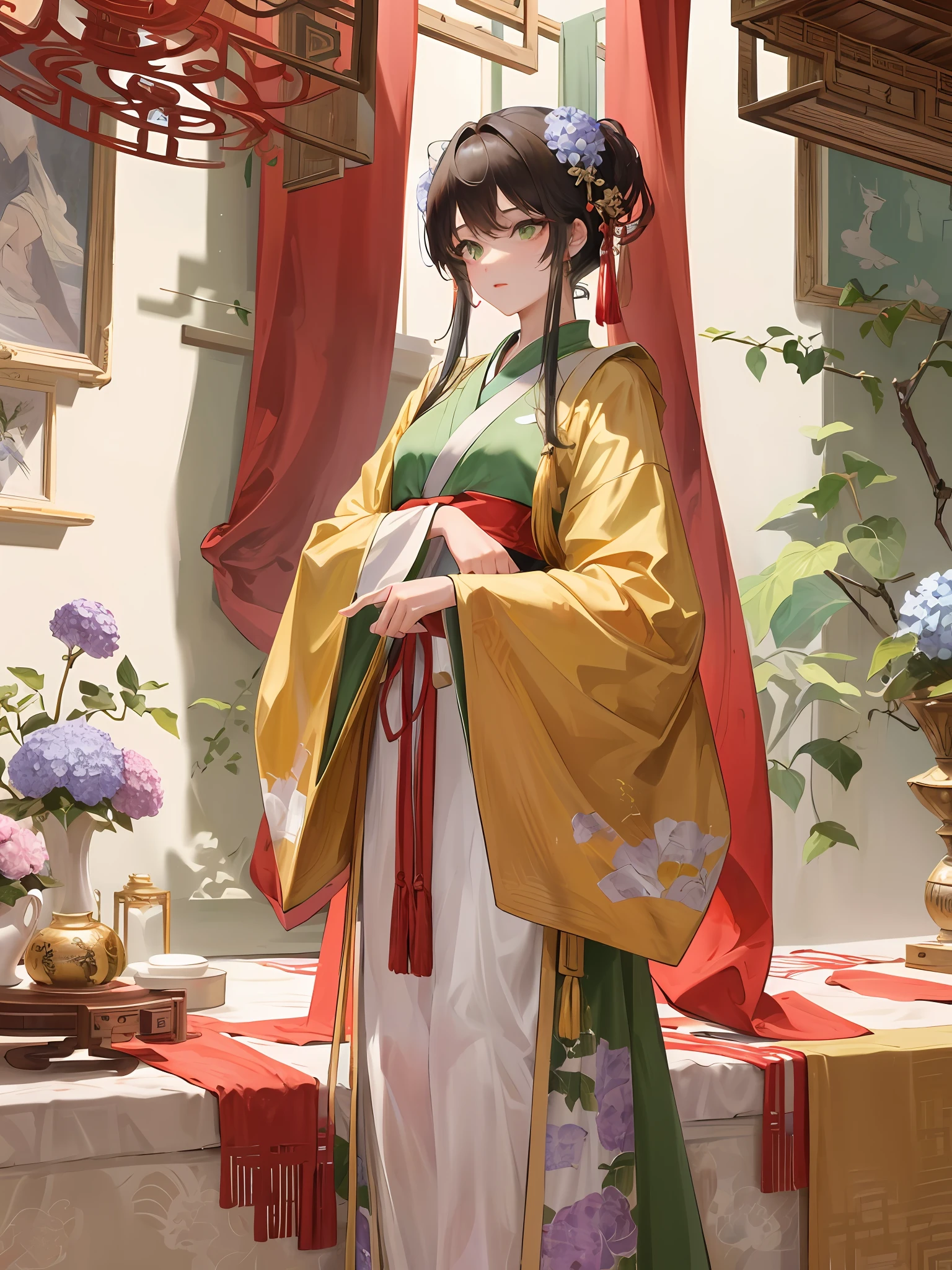 Steady、information、mid hair、Green eyes、Hairpins、hydrangea、detail in face，Extreme light and shadow，Master made，k hd，Ancient wind，China-style，The face emphasizes a clear face，Epic composition，8k wallpaper，super detailing，Tunic tunic Tang costume,,Hanfu,The bamboo is beautiful,,Absolutely beautiful,Absolutely beautiful,Red dress，flower  sea，Chinese wood structure，Antique bedroom，Antique vase，Wooden structure