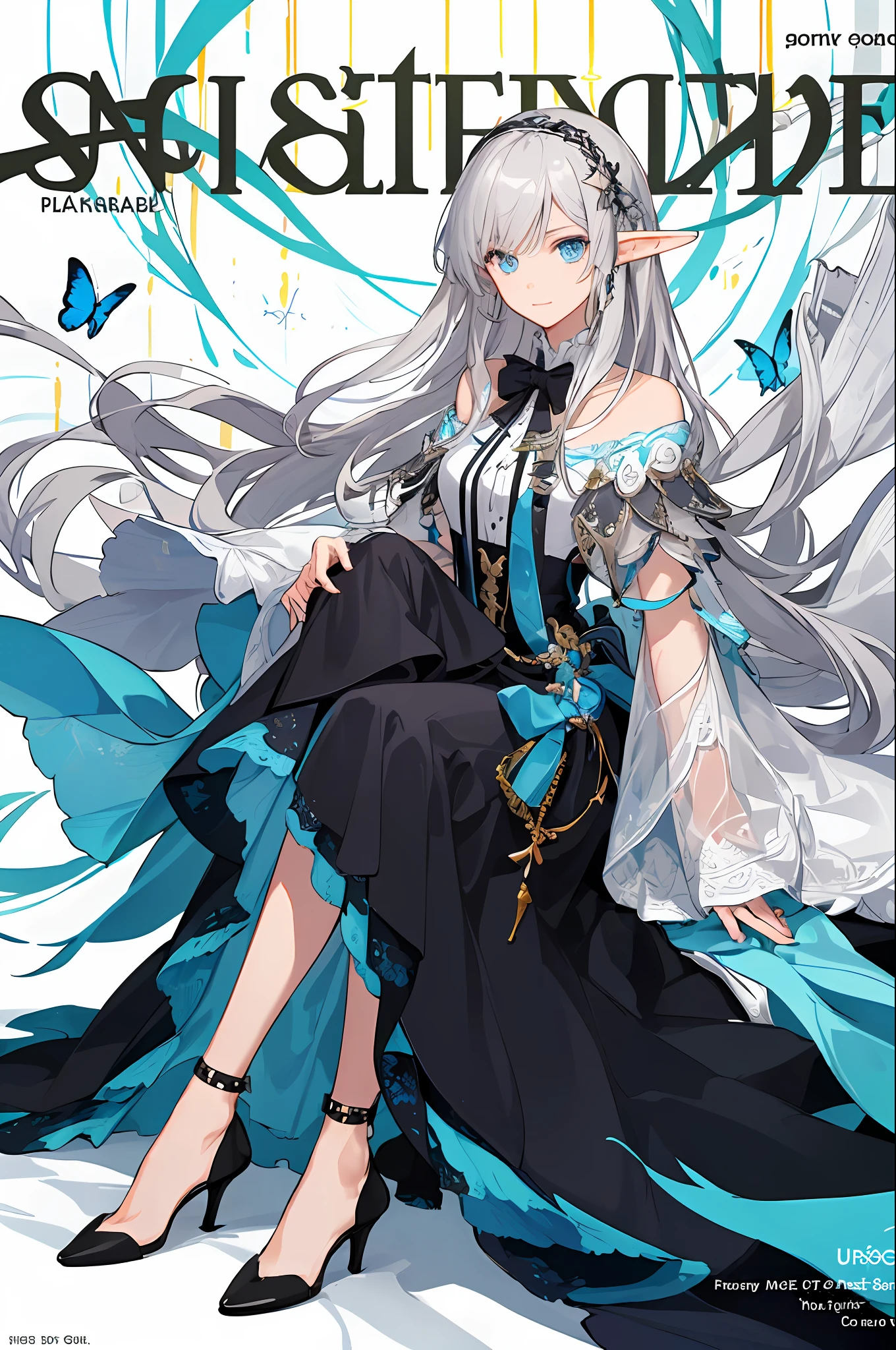 ((masterpiece)), expressionless, (((best quality))), ((illustration)),
1girl, elf, ((solo)), (detailed face), (beautiful detailed eyes), light eyes, blue eyes, ((disheveled hair)), silver hair, full body,
smile, blank stare, sitting, ((looking to the side)),
bow tie hair band, white transparent long skirt, noble, mysterious,
bright background, in forest, nature, sunshines through the leaves, butterfly, river, close-up,
(magazine:1.3), (cover-style:1.3), fashionable, woman, vibrant, outfit, posing, front, colorful, dynamic, background, elements, confident, expression, holding, statement, accessory, majestic, coiled, around, touch, scene, text, cover, bold, attention-grabbing, title, stylish, font, catchy, headline, larger, striking, modern, trendy, focus, fashion,