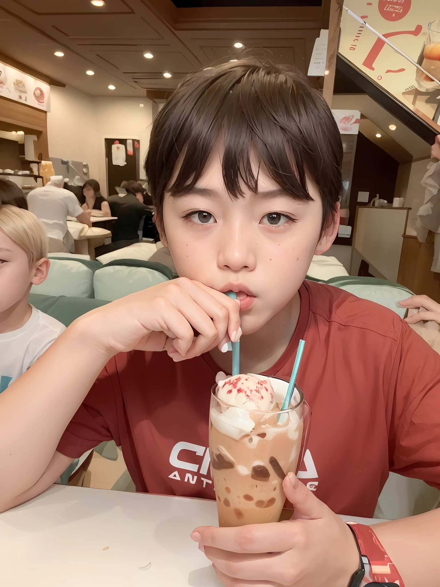 Boy in red shirt drinking water with goblet and ice cream, with a straw, taken with sony alpha 9, drinking a strawberry iced latte, shot on nikon z9, shot on a Canon EOS R5, shot on canon eos r 5, drinking a drink, photo taken with canon 5d, drink boba tea, ren heng, Shot on Canon EOS R 6