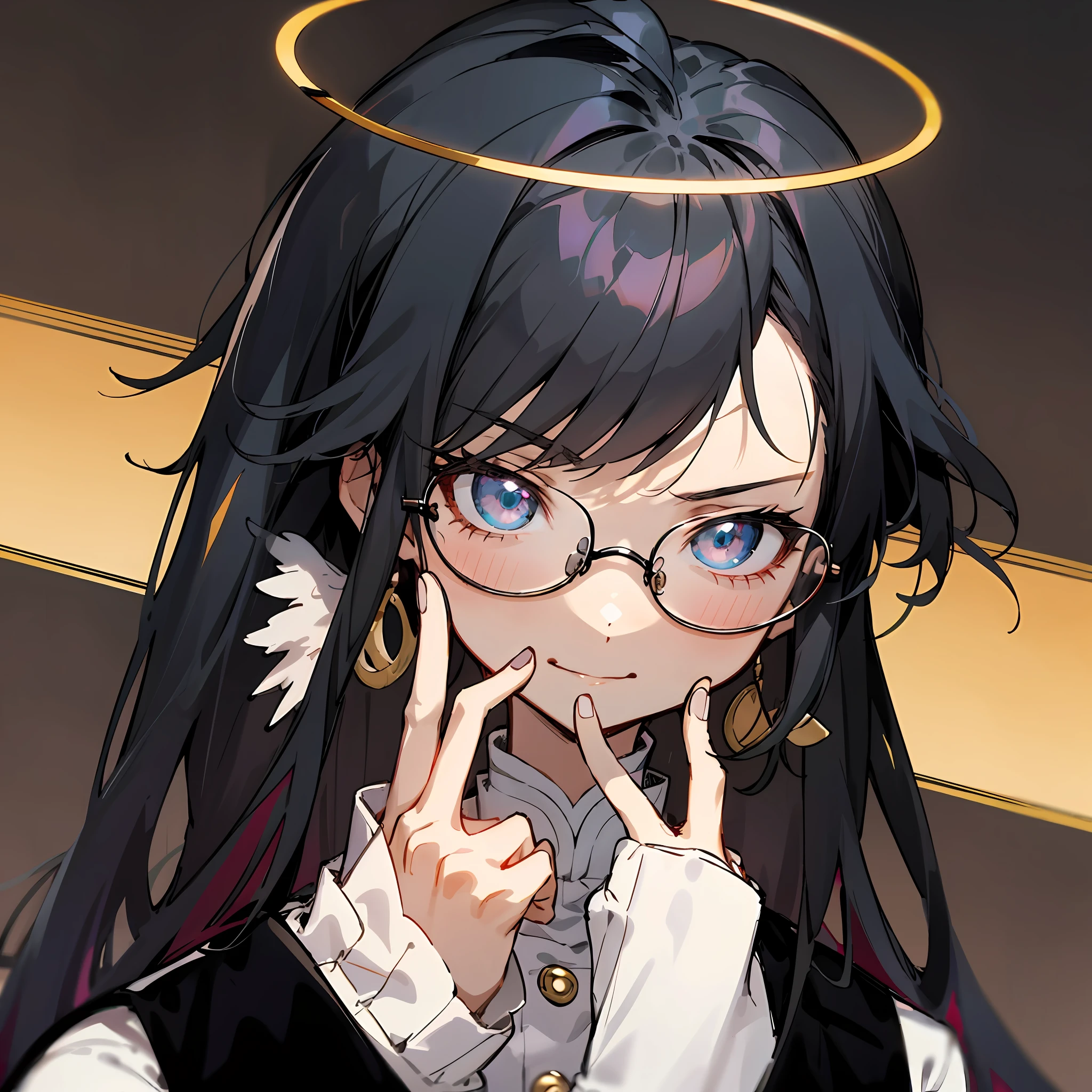 Anime girl with angel halo and glasses, Anime moe art style, in an anime style, 2 d anime style, In anime style, with index finger, demon slayer rui fanart, Handsome Japanese demon girl, inspirado em Okumura Masanobu, Handsome girl in Demon Slayer art, Anime art style, style of anime