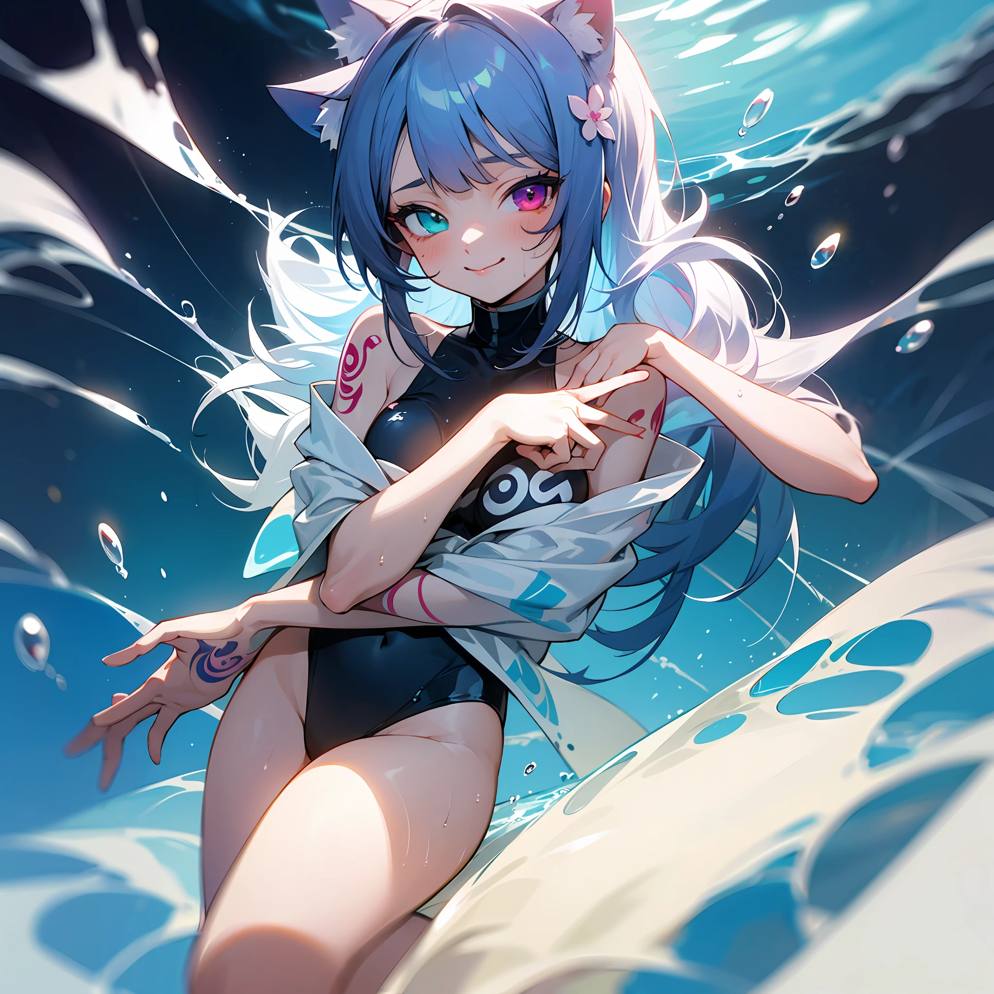 Loli Girl， 独奏， Nekomimi， Heterochromia， O cabelo multicolorido， Gradient hair， hairflower， Flower tattoos， Loving eyes， ;P， little breast， full-shot， （Pale skin：1.5）， Tattooed with， under the water， dynamic angle， Detailed wet clothes， nakeness， Nothing### Extra fingers， Missing fingers， extra arm， Bad hands， The anatomy is not good， The color is not good， one piece swimsuit， Normal skin， --auto