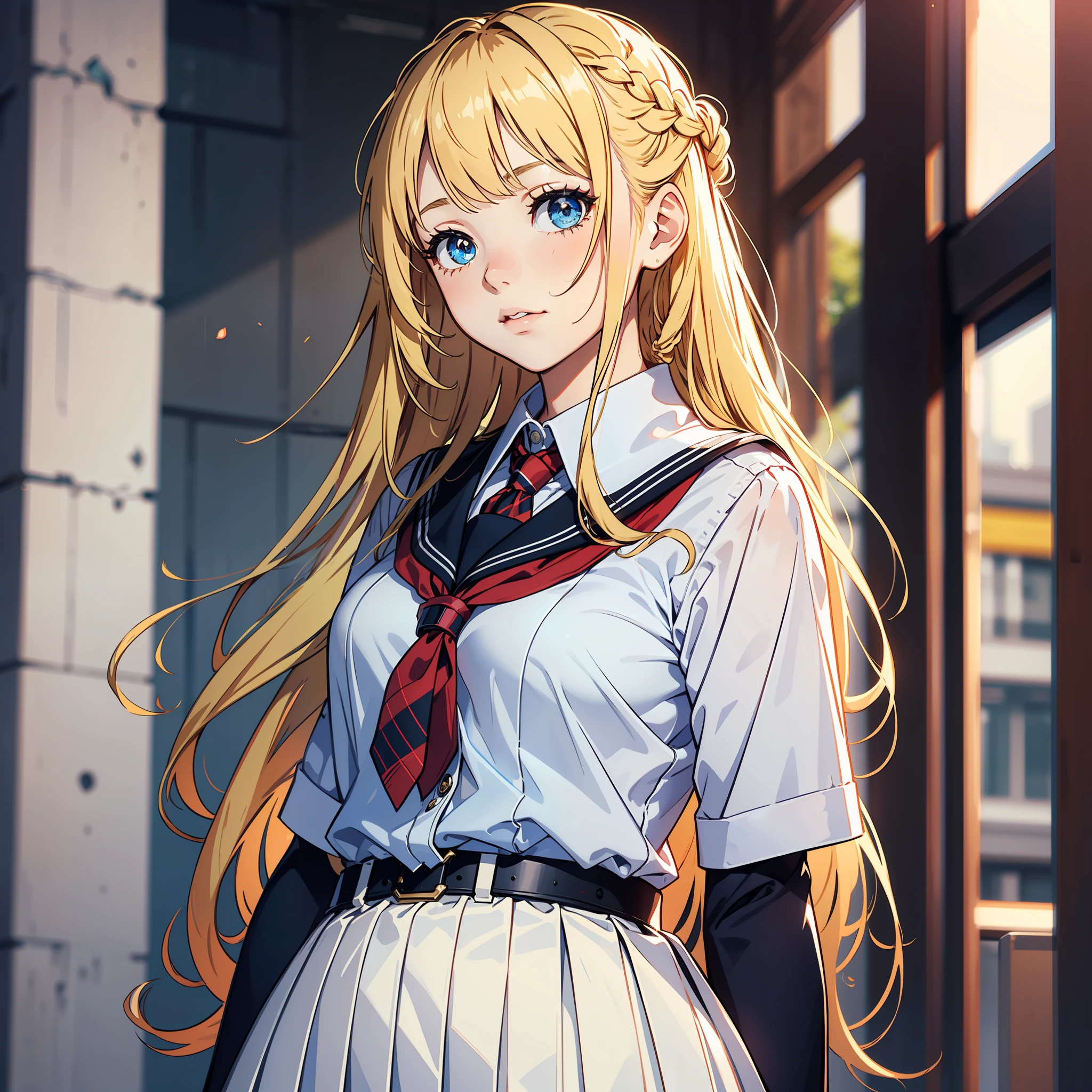 schoolgirls，white  skirt，golden hair，Blue pupil，long braid，Look up，The upper part of the body，Need