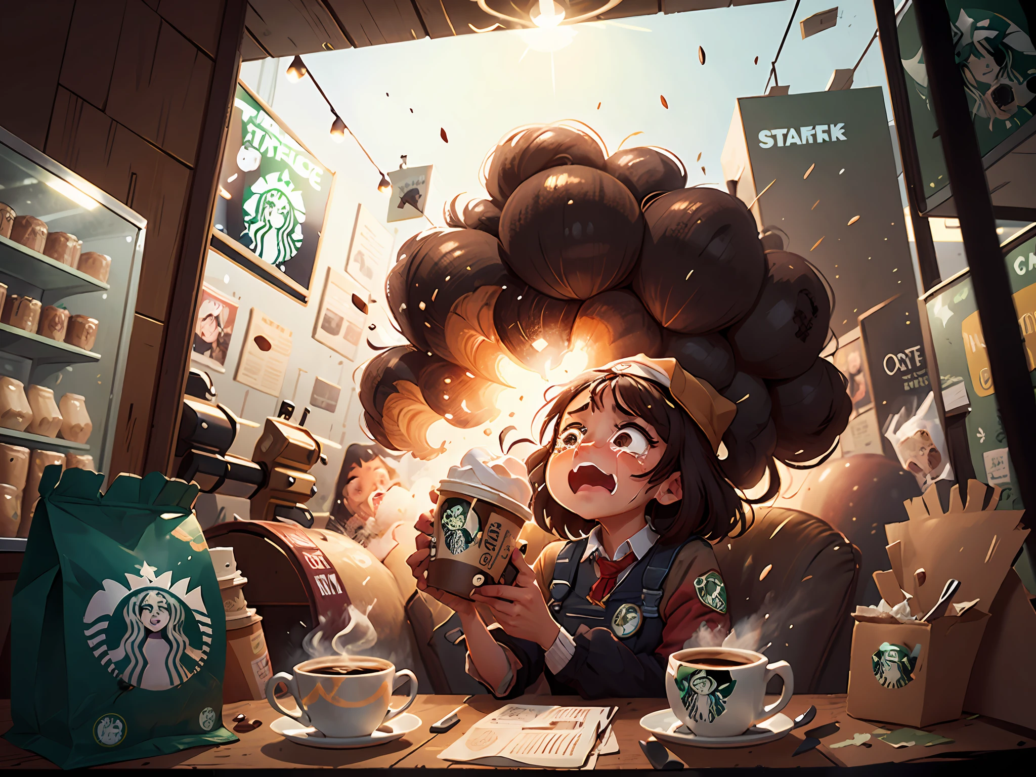 "coffee explosion in a Starbucks, girl crying in shock, captured on a Kodak film"