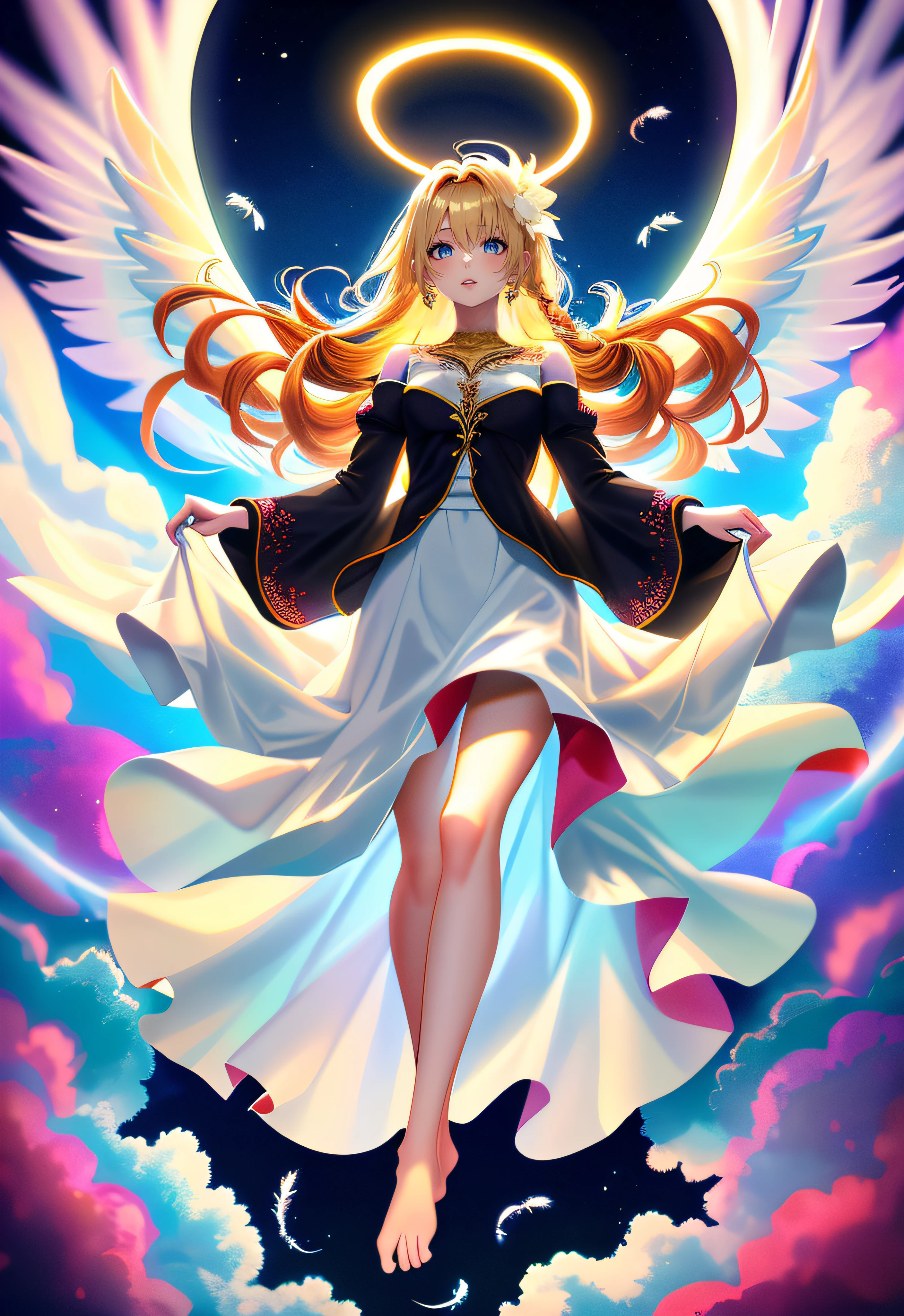 1girl, blonde hair, solo, dress, long hair, barefoot, halo, wings, white dress, angel, cloud, feathered wings, feathers, looking at viewer, full body, angel wings, sky, blue eyes, jewelry, hair ornament, bare legs, bangs, long sleeves, skirt hold, hair flower, parted lips, braid, wide sleeves, flower, bare shoulders