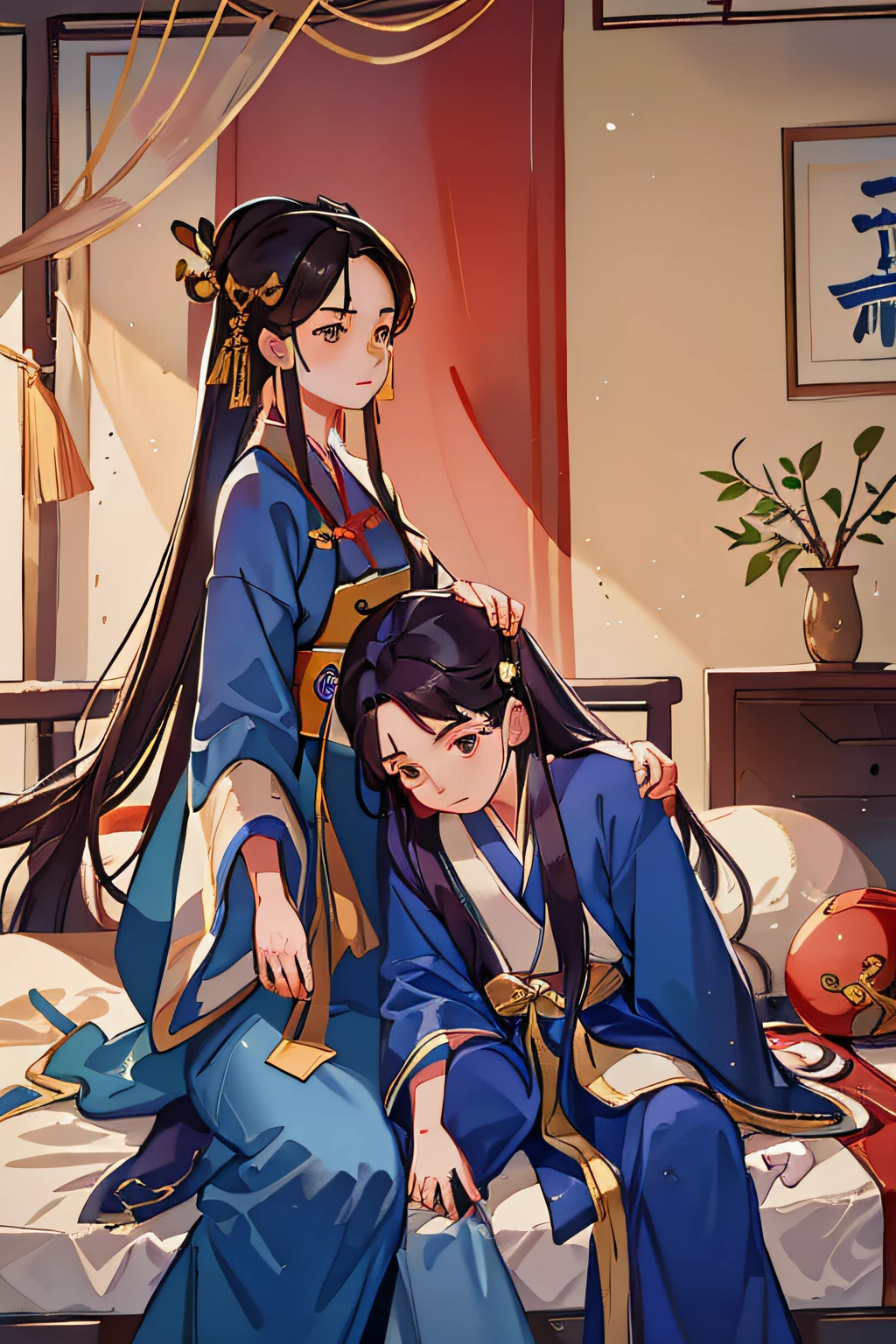 Hanfu, Wuxia style, The two were in a bedroom with a bed and a canopy, inspired by Gu An, Historical drama-like atmosphere, wearing a long flowing robe, Movie stills style, The whole body is decorated with a blue robe