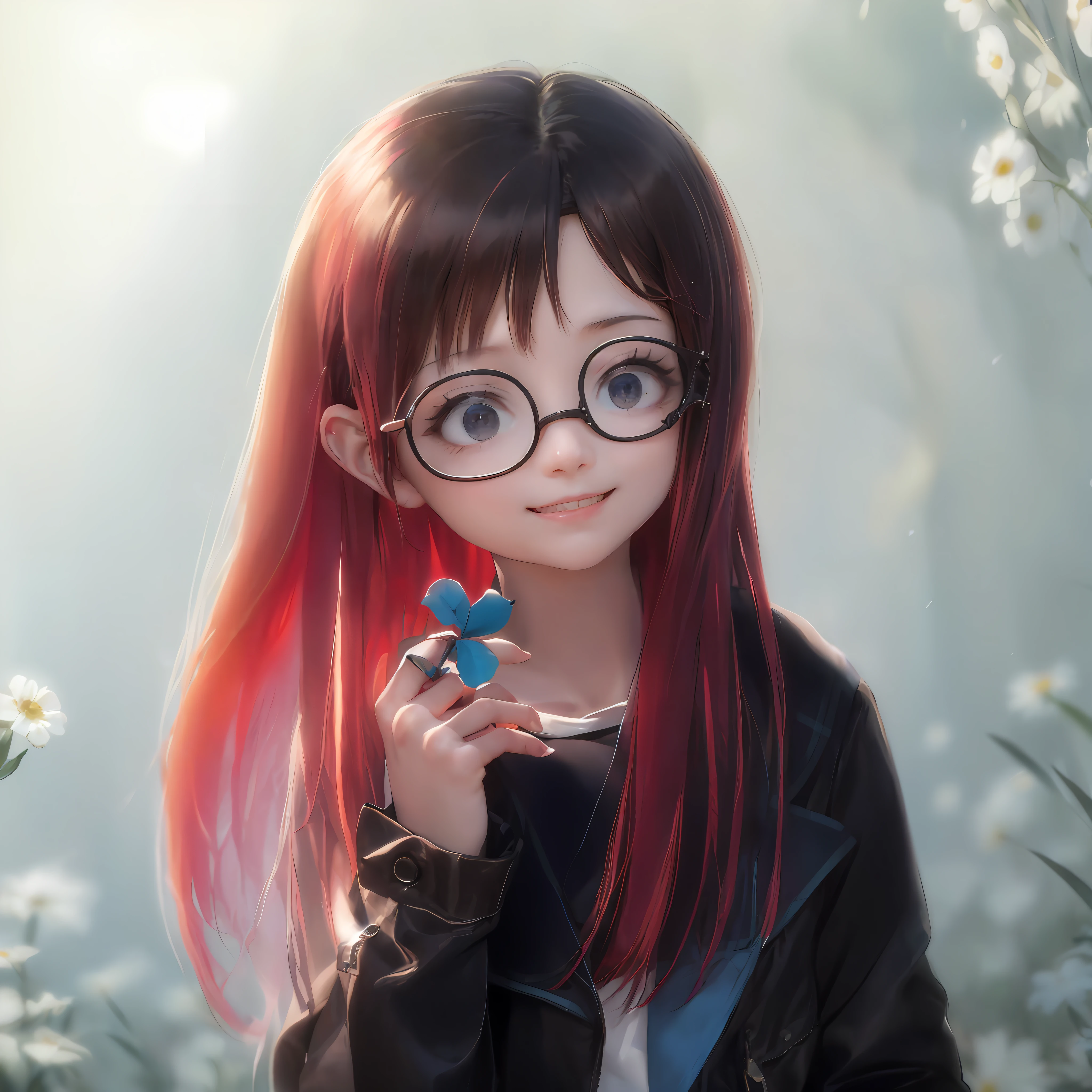 1个Giant Breast Girl, (tmasterpiece:1.1), (best qualityer:1.1), (white  shirt:1.1), (Plaid skirts:1.1), school uniform, Break [blue colors:In pink:0.5] The subject, (field of flowers background:1.1), cowboy lens, Break long hair of random color, Random color eyes, Delicate tiara, smiling sideways。Anime style，Tech style，Realistic style，Wasteland wind