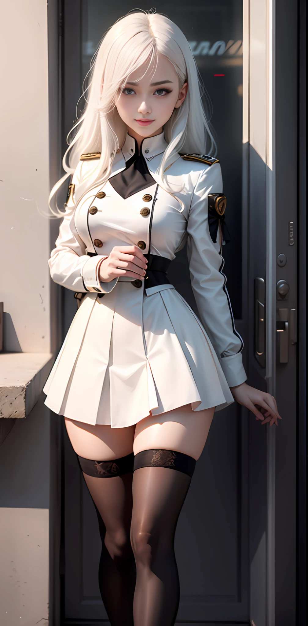 Cyberpunk Style, teens girl, 年轻, White hair, ssmile, long whitr hair,,White long sleeves,Very short skirt,full bodyesbian, white stockings,Royal sister style,White uniform,slenderlegs