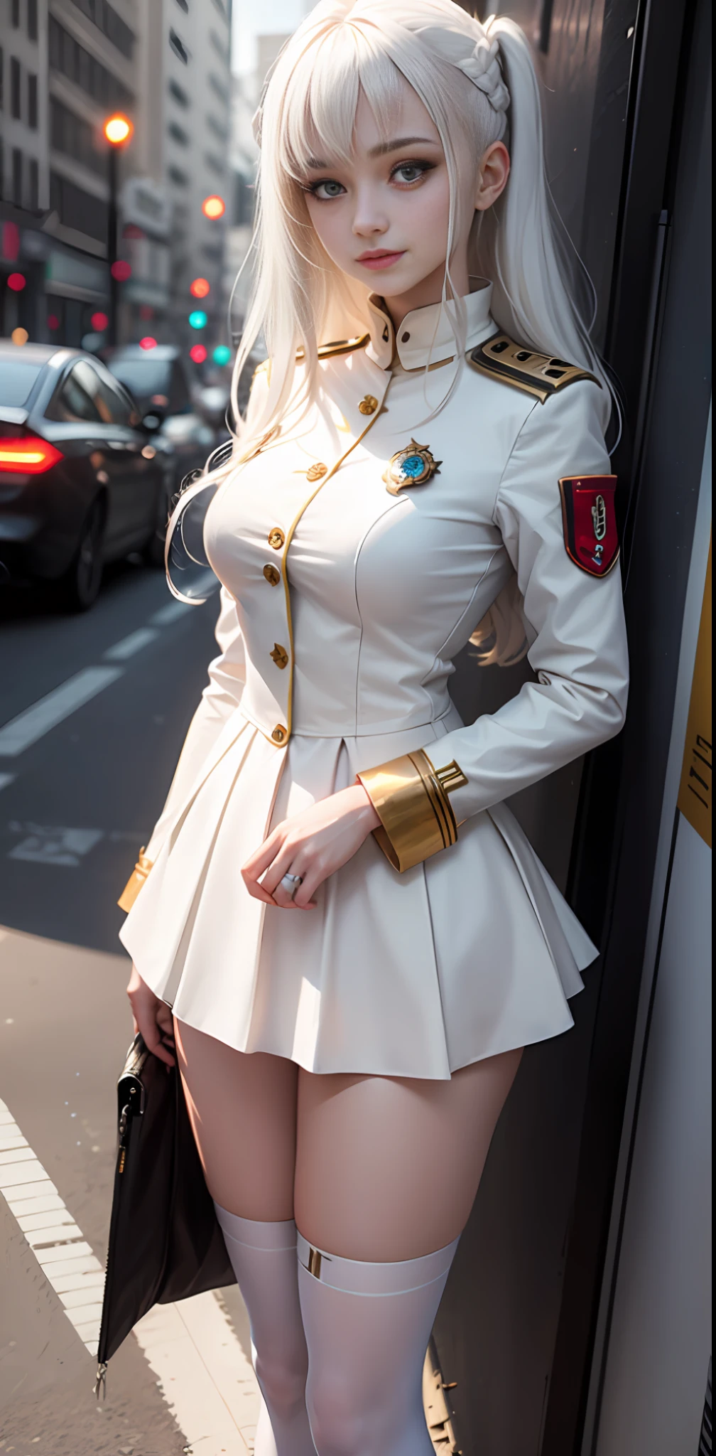 Cyberpunk Style, teens girl, 年轻, White hair, ssmile, long whitr hair,,White long sleeves,Very short skirt,full bodyesbian, white stockings,Royal sister style,White uniform,slenderlegs