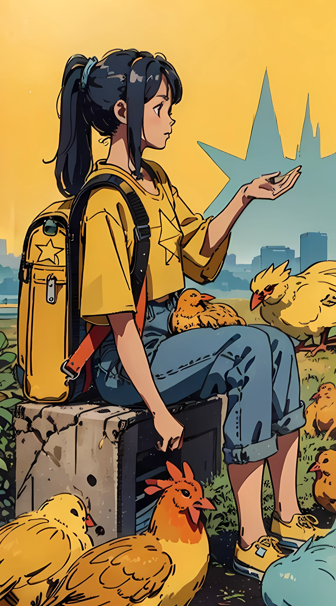 best quality girl with dark blue hair in a long ponytail, wearing an oversized yellow crop top with a star on it, baggy blue pants, a small backpack, orange eyes, sitting down petting chickens