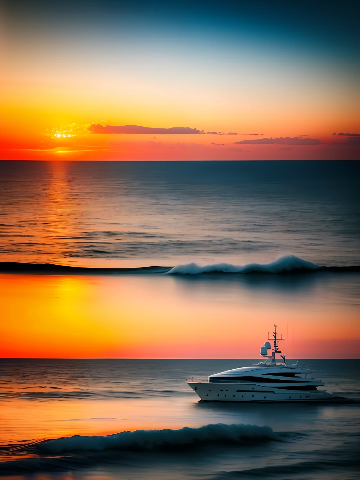a private yacht on the peace ocean in the 2030s, peaceful, you can see a  couple and two children playing on it.