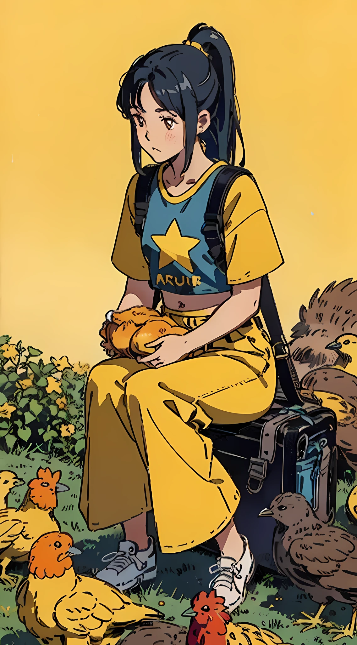 best quality girl with dark blue hair in a long ponytail, wearing an oversized yellow crop top with a star on it, baggy blue pants, a small backpack, orange eyes, sitting down petting chickens