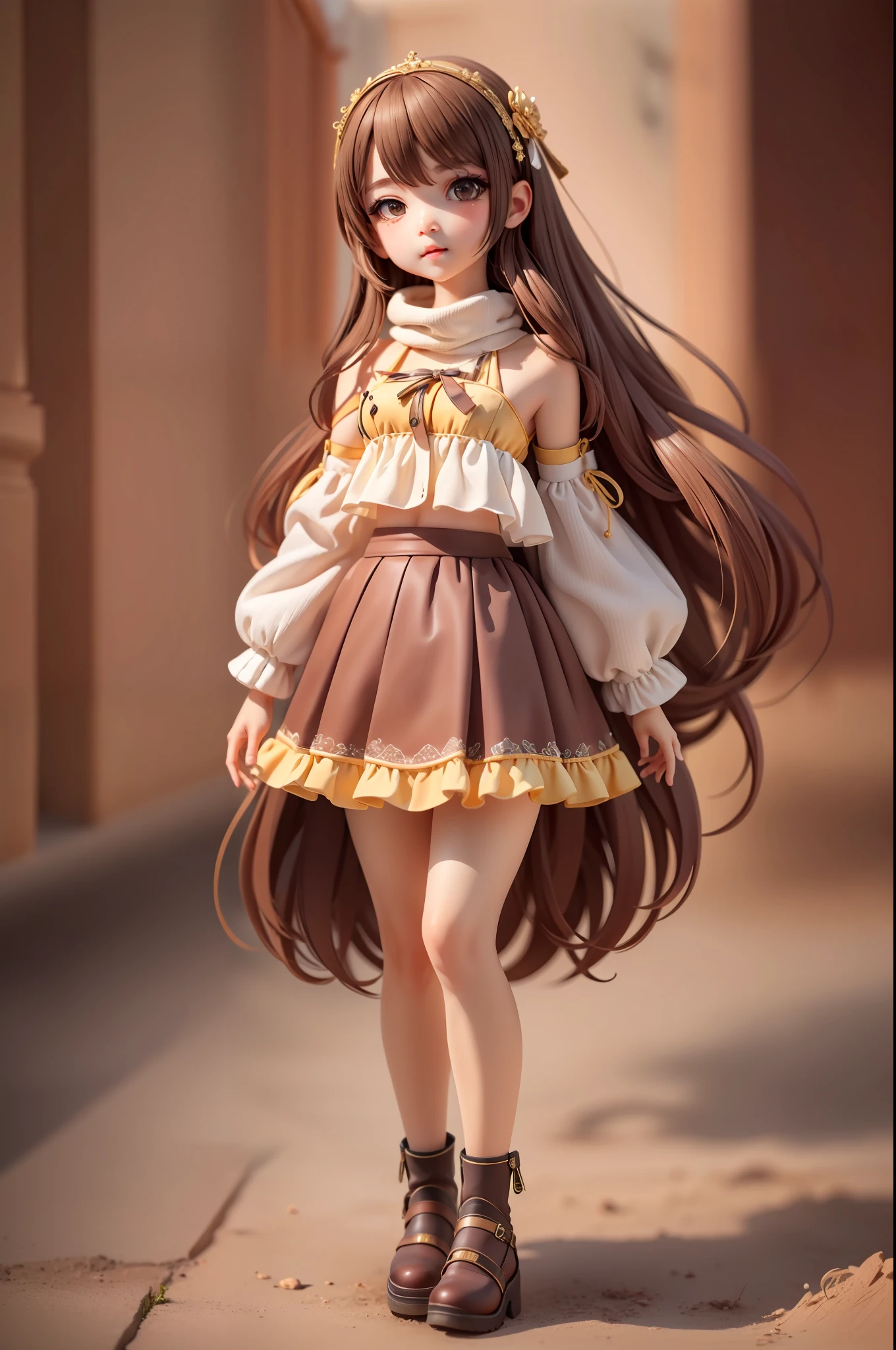 (masterpiece,best quality),(ultra-detailed),(full body, chibi),1girl, titian long hair, trending on Unsplash, skirt,(beautiful detailed face), (beautiful detailed dark brown eyes),