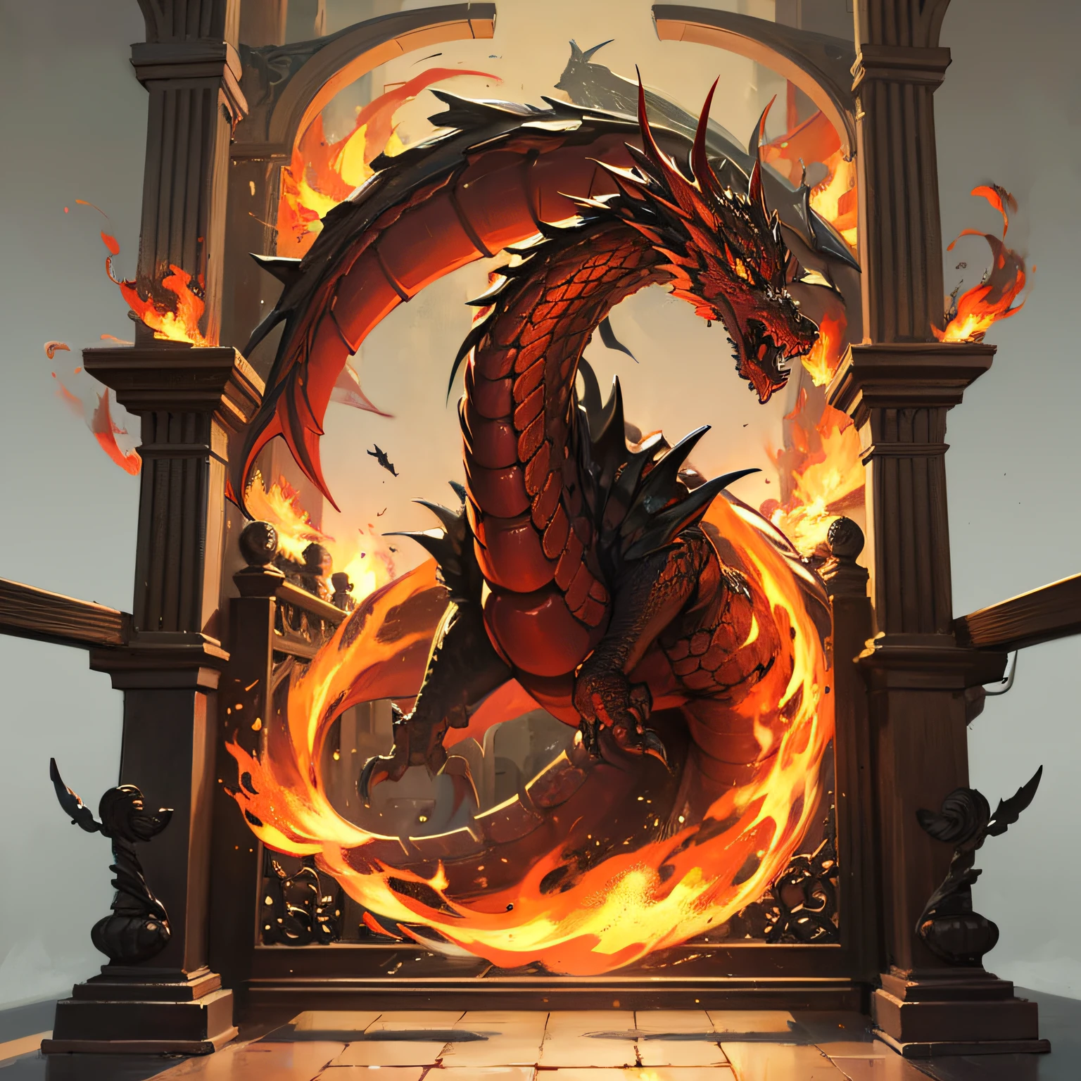 Huge dragon-patterned iron gate，flaming background，delicated，Red day，tmasterpiece，No characters --auto