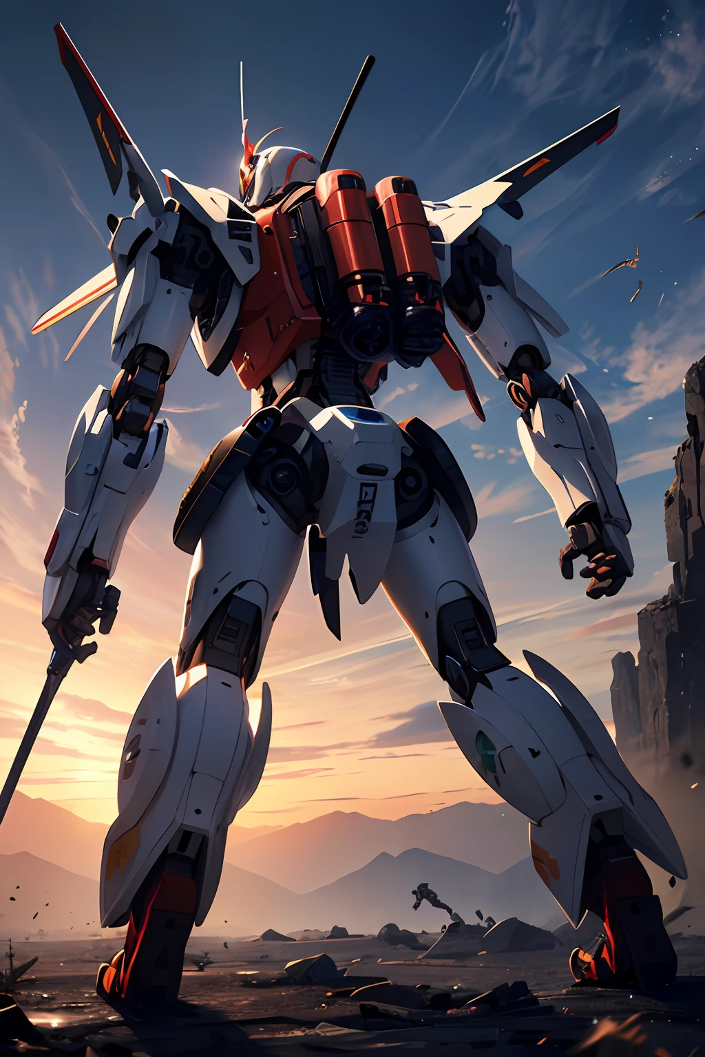 top quality, ultra precision, fine detail, very delicate 8k wallpaper, robot, monocular monoeye, (white machine body), mechanical articulated legs, (five fingers, 4fingers and 1thumb), shoulder to back booster backpack, booster, waist mecha thruster, battlefield, action scene, dynamic angle,