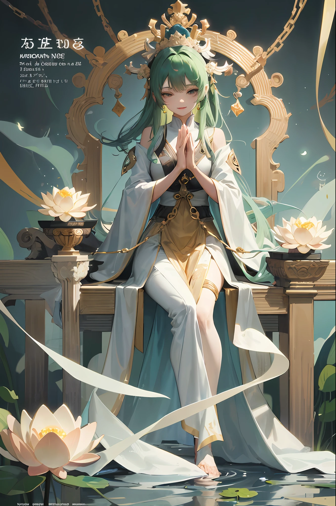 dreamy, serene, white and green:1.2),
(full body, sitting, Guanyin with jade bottle:1.1),(praying hands),(blessing),(smiling),(compassionate),
(lotus throne, floating, below Guanyin:1.2),
(lotus flowers, branches),
(dry ice, fog, below:1.1),
(from front),(medium shot),
As she sits on a floating lotus throne, Guanyin holds a jade bottle and makes a praying gesture. She smiles and blesses the world with her compassion. Behind her, lotus flowers and branches surround her, creating a natural and peaceful backdrop. Below her, dry ice forms a fog that adds to the dreamy atmosphere. The main colors are white and green, creating a pure and harmonious mood.
(magazine:1.3), (cover-style:1.3), fashionable, woman, vibrant, outfit, posing, front, colorful, dynamic, background, elements, confident, expression, holding, statement, accessory, majestic, coiled, around, touch, scene, text, cover, bold, attention-grabbing, title, stylish, font, catchy, headline, larger, striking, modern, trendy, focus, fashion,