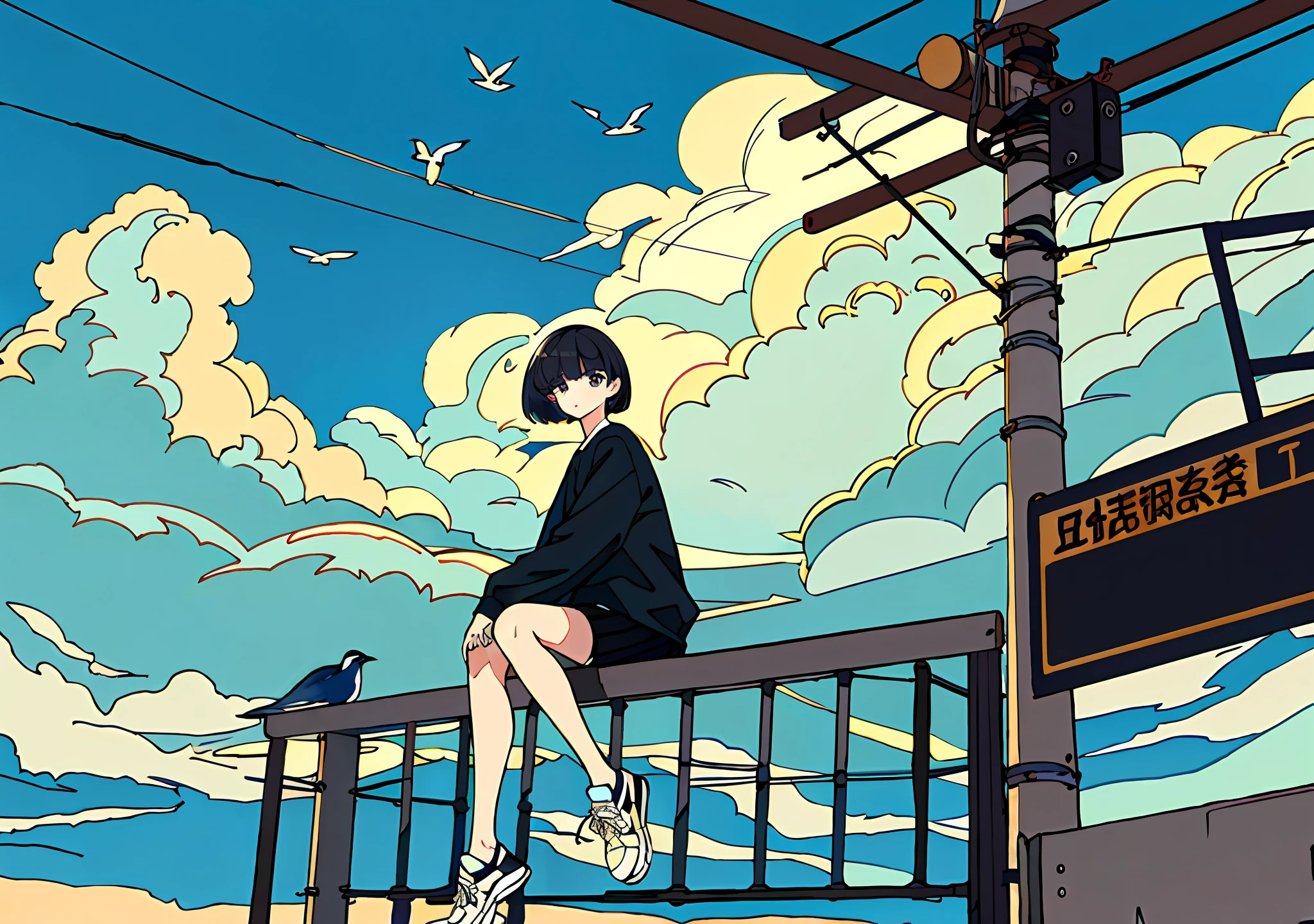 masterpiece, intricate detail,best quality, 1girl, solo, railing, cloud, sitting, outdoors, whale, short hair, shoes, sky, long sleeves, sneakers, power lines, white footwear, black hair, looking at sky, utility pole, bangs, cloudy sky, fish, bird,shorts, animal, day, black shirt, bare legs