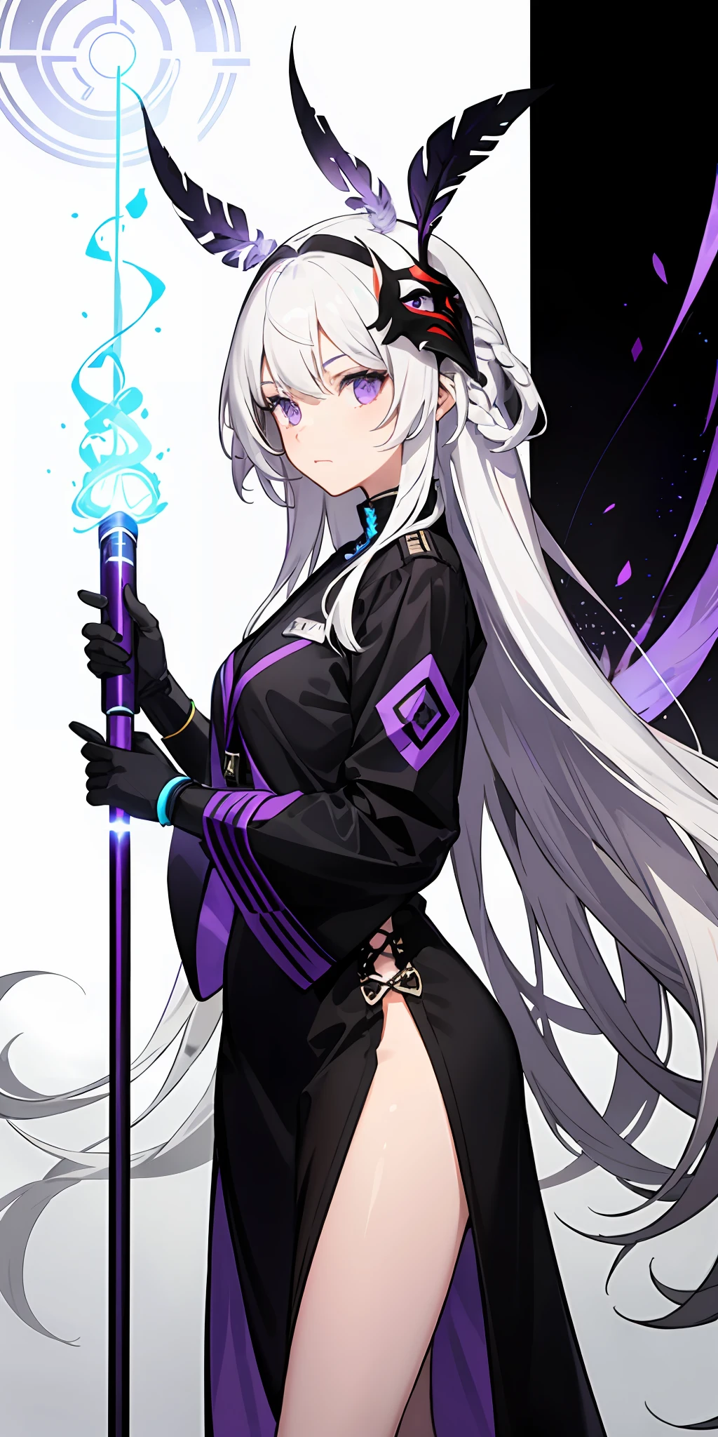 1girl,White hair,O cabelo multicolorido,Purple eye,Wear a mask on your head,The mask consists of half purple feathers and half white parts,Sideslit,Holding a purple lightsaber in his right hand,light particules,the wallpaper,