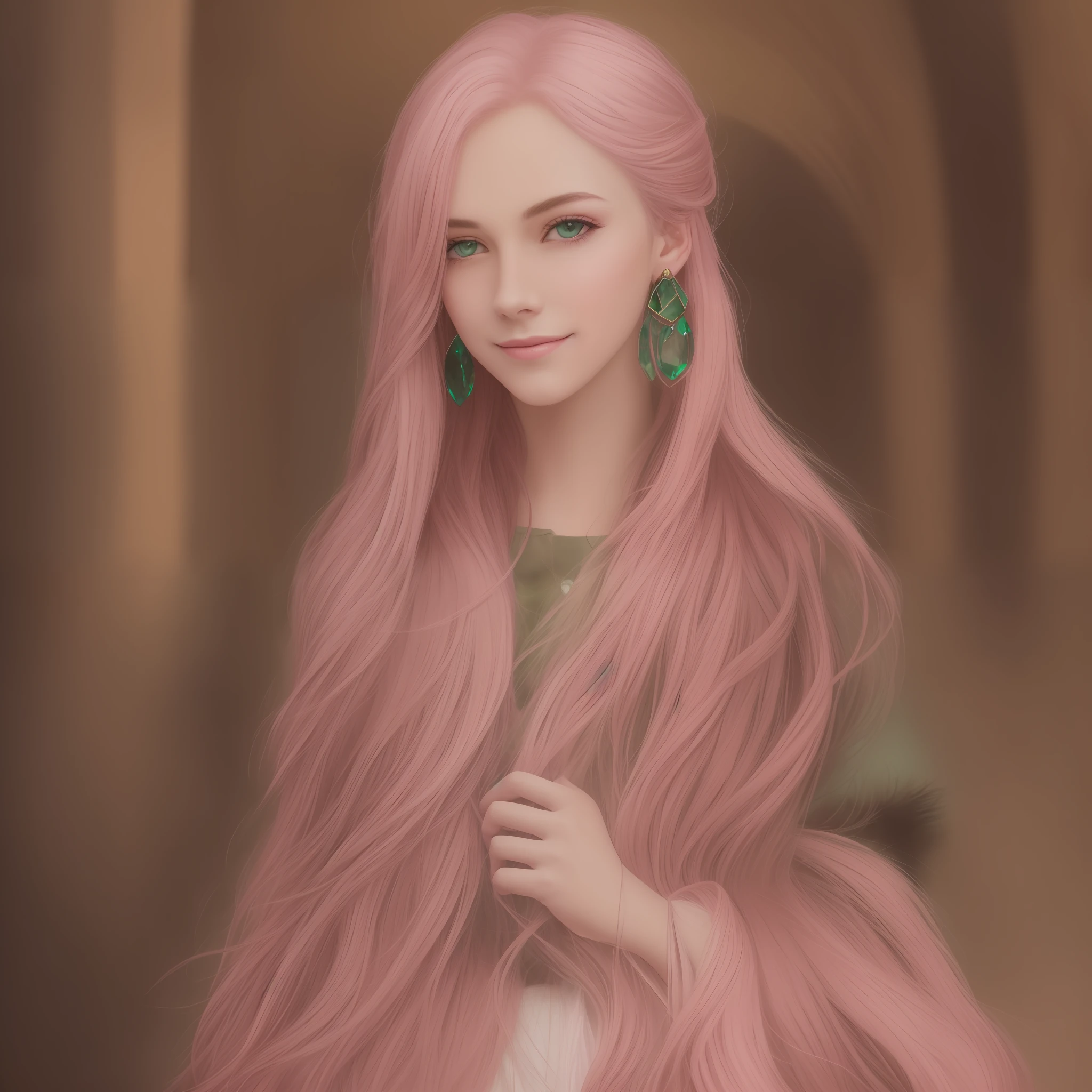 male people,Casual attire of medieval aristocrats,Long pale pink hair,Red pupils,There are emerald earrings on one ear,ssmile,Transverse scars on the bridge of the nose --auto