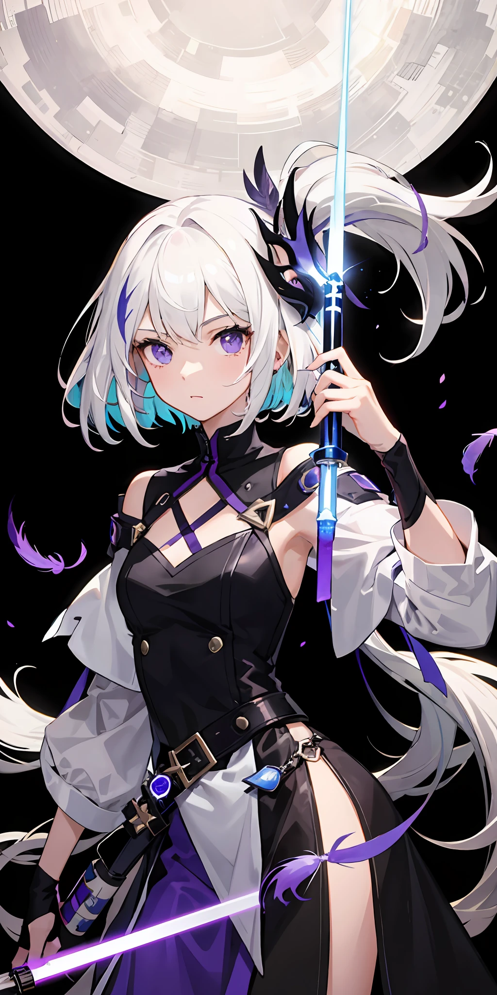 1girl,White hair,O cabelo multicolorido,Purple eye,Wear a mask on your head,The mask consists of half purple feathers and half white parts,Sideslit,Holding a purple lightsaber in his right hand,light particules,the wallpaper,