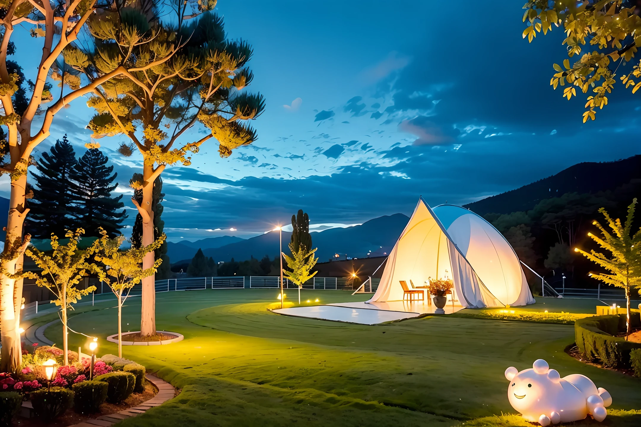A lawn,A musical stage,On the stage, there is a luminous character "Three Treasures Night Pearl Mountain",There is a lit lawn on the lawn