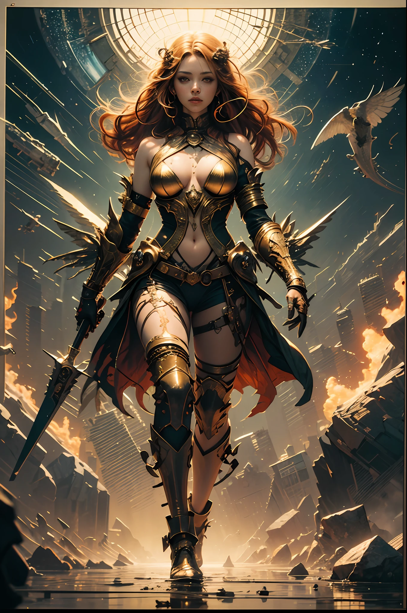 **3D Anime dark art, the painter is creating a Painting of a beautiful young woman, messy Ginger hair, freckles, Golden details, Golden clothes, sunrise background, joyful, in the style of colorful explosions, nightcore, detailed marine views, light gold and crimson, aurorapunk, romantic riverscapes, gigantic scale, Artistically refined, Insanely detailed, Gorgeous, Amazing, Precise details, full body, by Neural Nuances, by Anato Finnstark, hyperrealistic, porcelain skin, pale skin, clear skin,trending on artstation, 8k, masterpiece, graffiti paint, fine detail, full of color, intricate detail, golden ratio illustration, ultra-realistic, extreme details, poster effect, Depth ultra - fine film effect poster, photography hyperdetailed cinematic lighting hdr, softbox lighting, extreme detail,  50   Body,  Body,  neck,  legs  arms --auto --s2