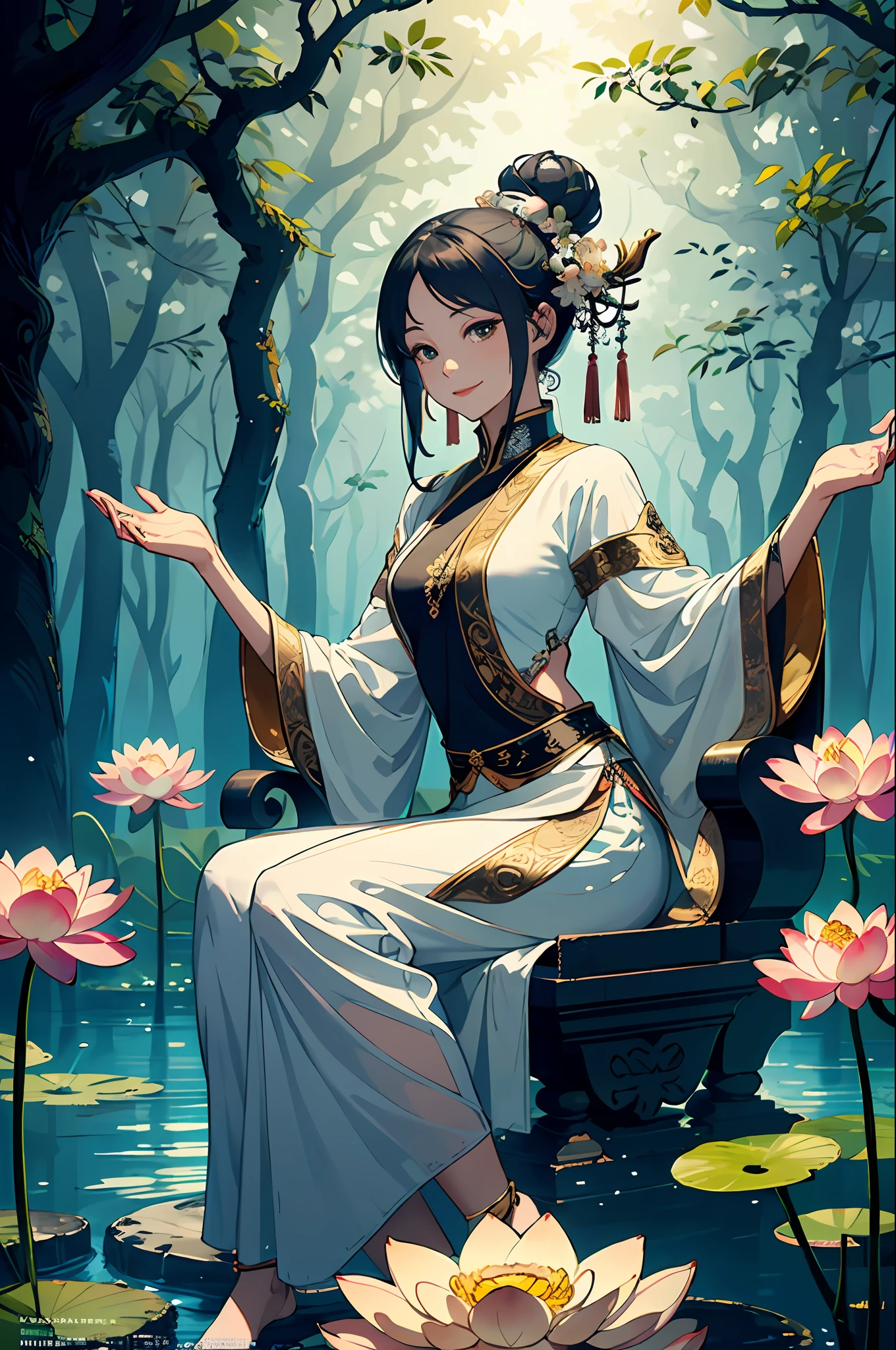 dreamy, serene, white and green:1.2),
(full body, sitting, Guanyin with jade bottle:1.1),(praying hands),(blessing),(smiling),(compassionate),
(lotus throne, floating, below Guanyin:1.2),
(lotus flowers, branches),
(dry ice, fog, below:1.1),
(from front),(medium shot),
As she sits on a floating lotus throne, Guanyin holds a jade bottle and makes a praying gesture. She smiles and blesses the world with her compassion. Behind her, lotus flowers and branches surround her, creating a natural and peaceful backdrop. Below her, dry ice forms a fog that adds to the dreamy atmosphere. The main colors are white and green, creating a pure and harmonious mood.
(magazine:1.3), (cover-style:1.3), fashionable, woman, vibrant, outfit, posing, front, colorful, dynamic, background, elements, confident, expression, holding, statement, accessory, majestic, coiled, around, touch, scene, text, cover, bold, attention-grabbing, title, stylish, font, catchy, headline, larger, striking, modern, trendy, focus, fashion,