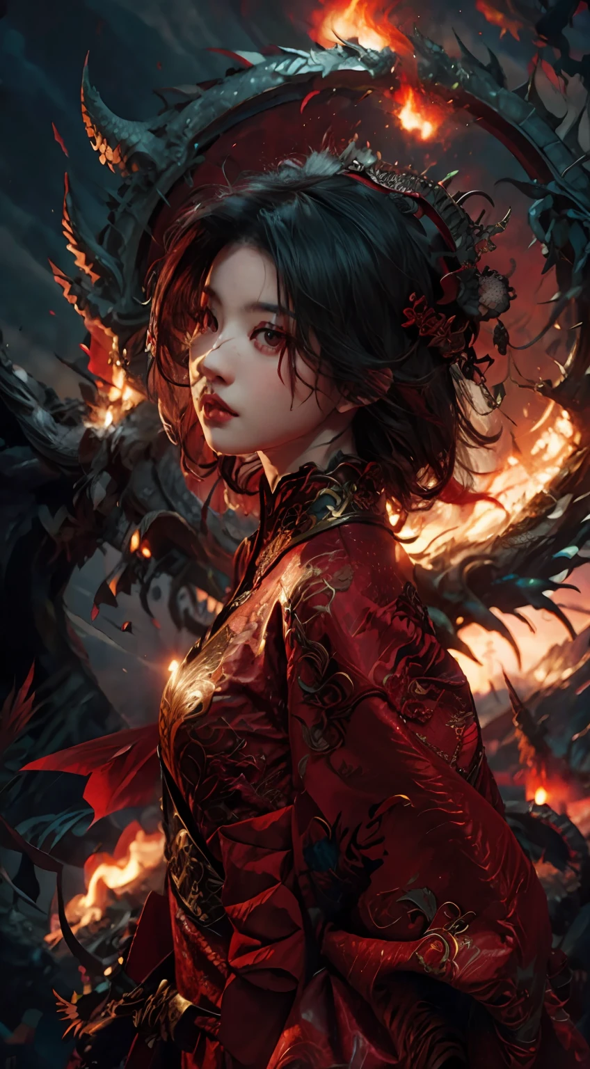Dragon tattoo woman in red clothes