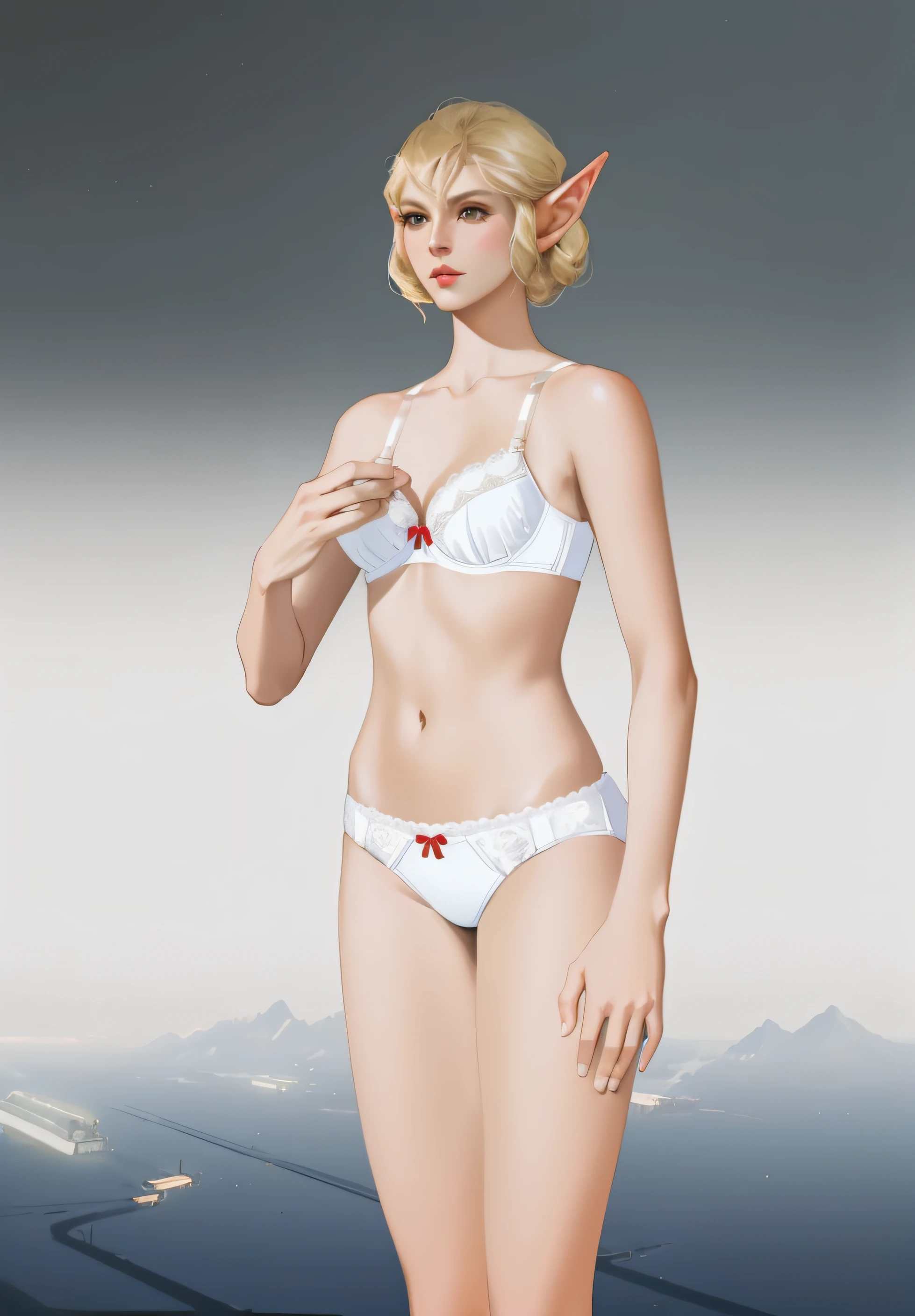 ((masterpiece, best quality)), Tall blonde Elven woman, white fancy bra, white high cut panties, in Sci-fi void, realistic art style, intricate details