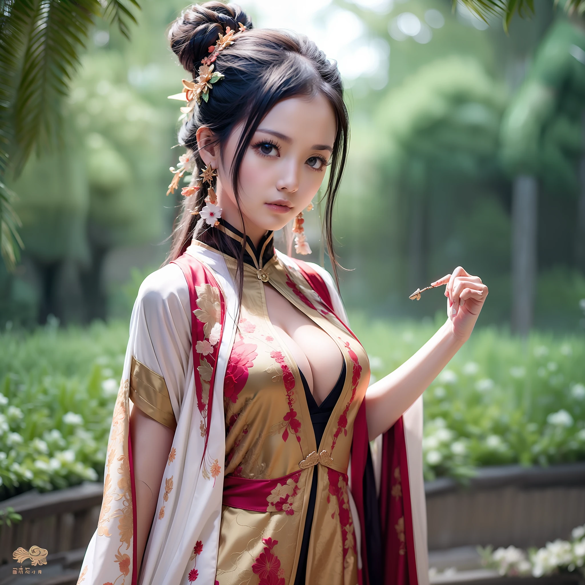 8k(realisticlying),Chinese girl(Delicate skin texture,Elaborate Eyes),cleavage,Wearing a Tang costume,Tang suit,parks,willowy,extreme hight detail