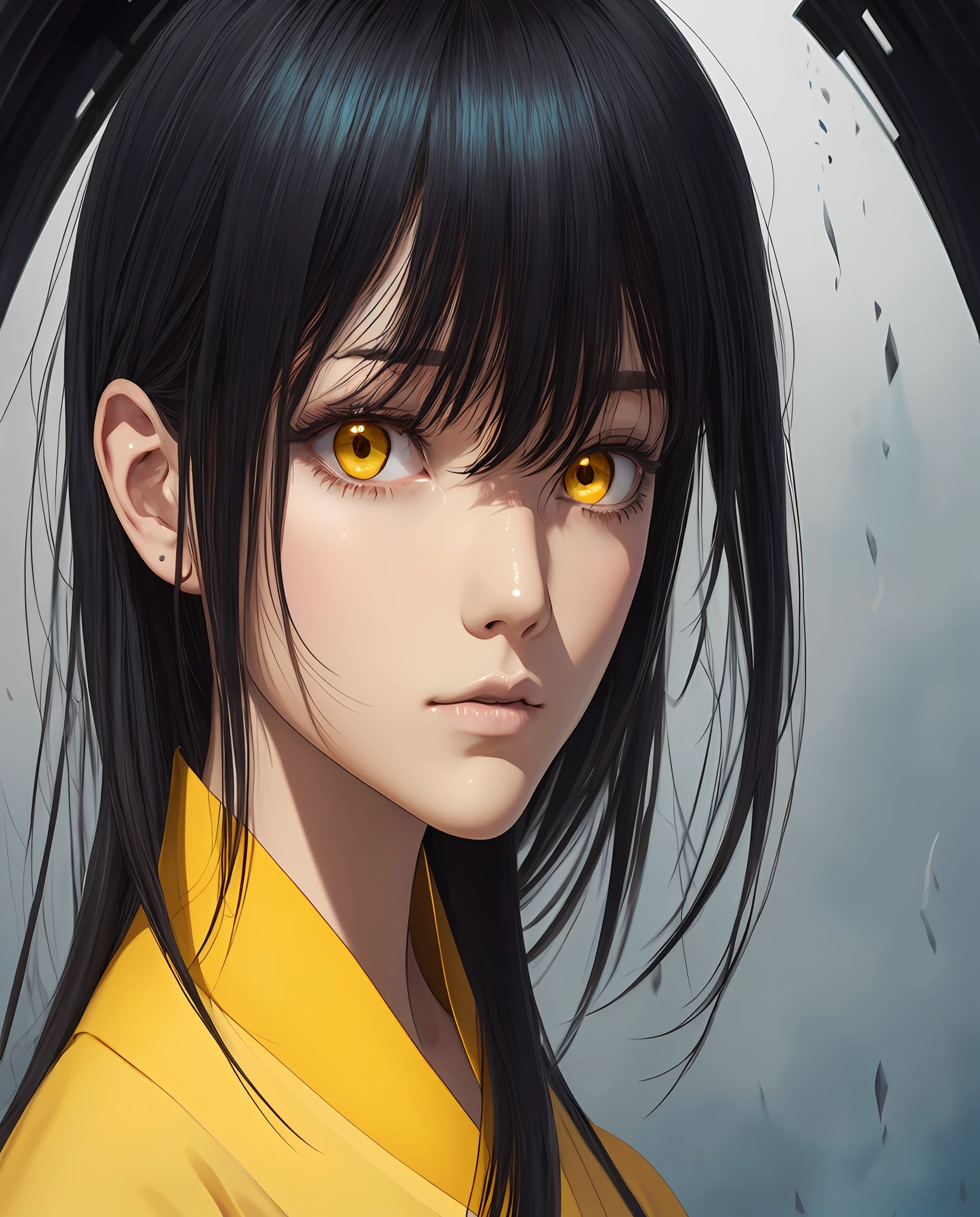 Black hair, Cyan gradient hair, short detailed hair,Wearing white Hanfu,Asymmetrical hair, wide-eyed, Yellow eyes, Closed mouth, Lonely, contemplative, ancient wind, zoom layer, character sheets, From below, 8K, Super detail --auto