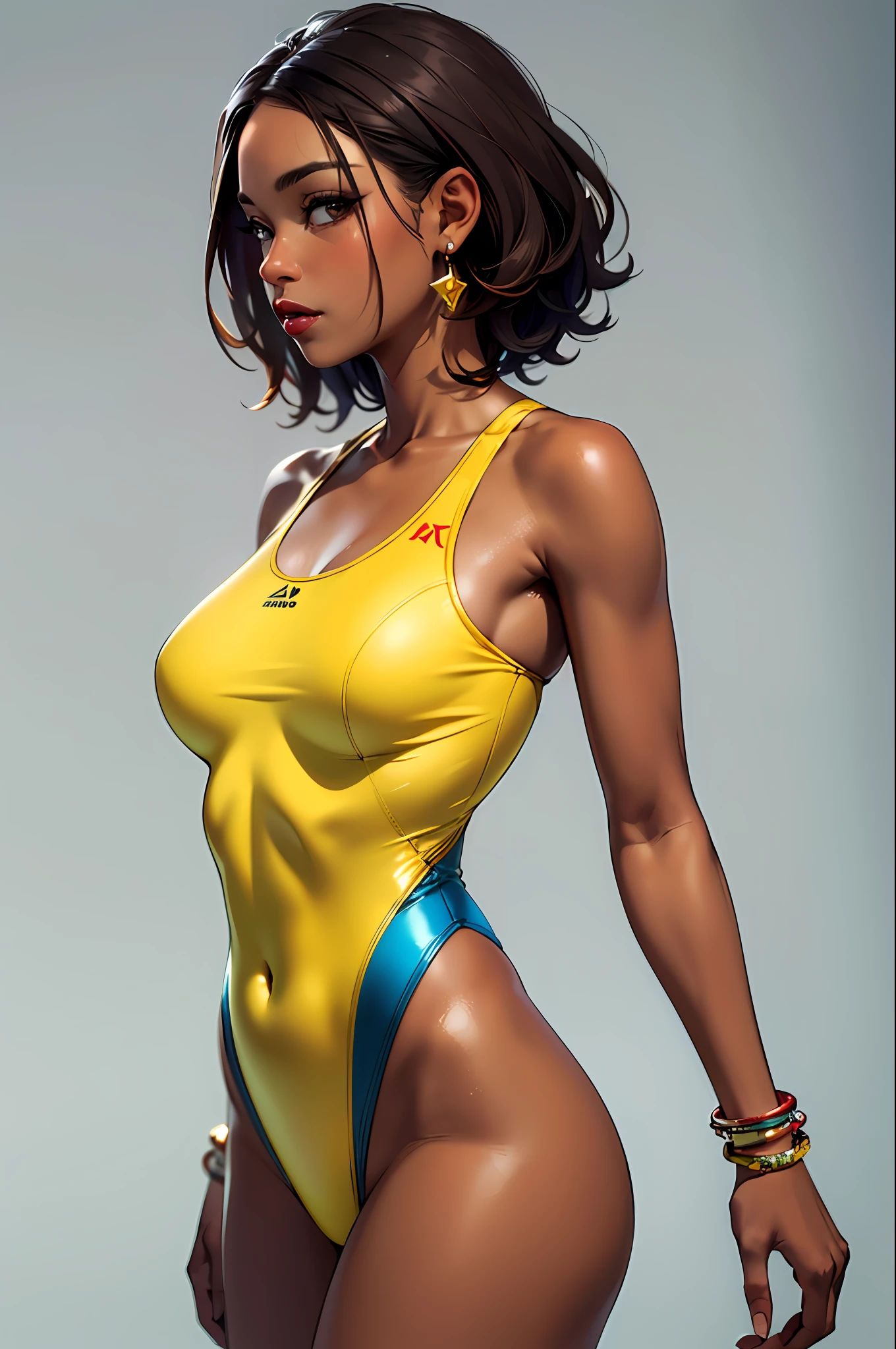 (​masterpiece:1.4)、(top-quality:1.4)、
1girl in, Yellow one-piece swimsuit,A dark-haired, Brown-skinned), A bracelet, jewely, large full breasts, length hair, looking at the viewers, simple background, 独奏 ,realisitic,(shinny skin),(​masterpiece:1.4),(top-quality:1.4),red-lips