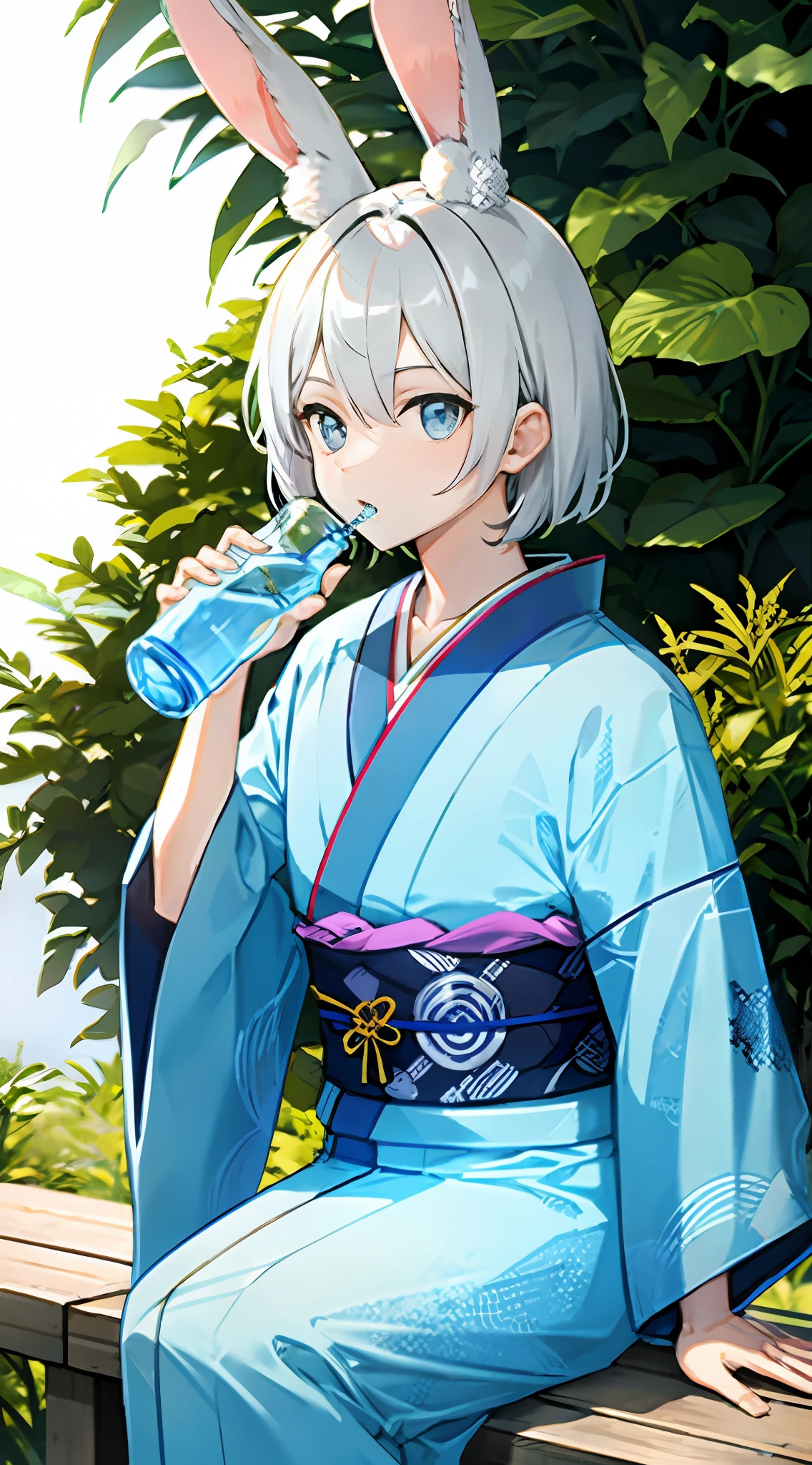 Rabbit ears Silvery hair short-haired Blue kimono Adonis Drinking water In plastic bottles high-level image quality ren