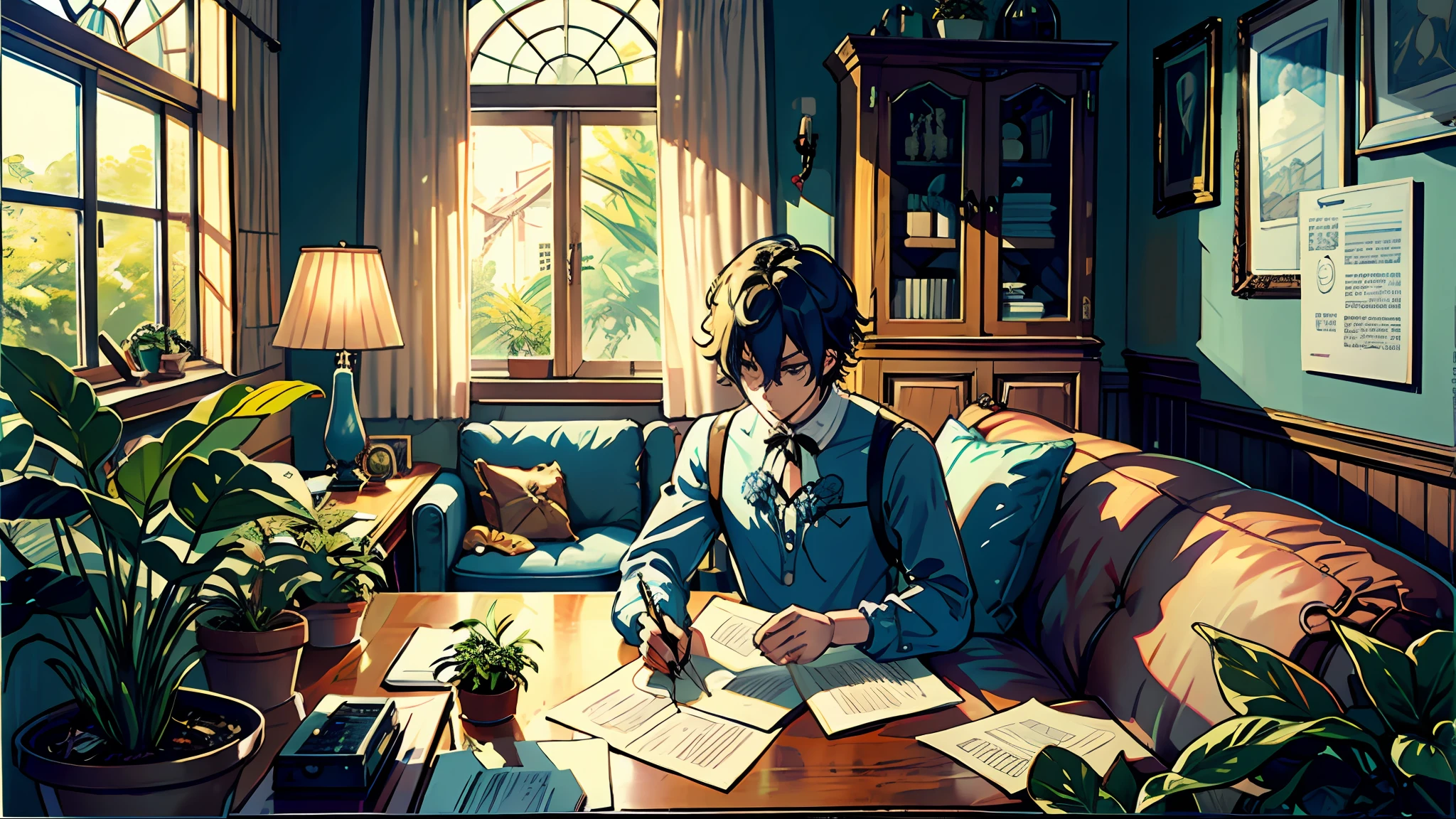 living room, couch, window, curtains, dappled sunlight, potted plant, table, cabinet,bookshelf, paper, desk lamp, typewriter, ,1 man,jeanseabreeze,short hair,dynamic hot boy,