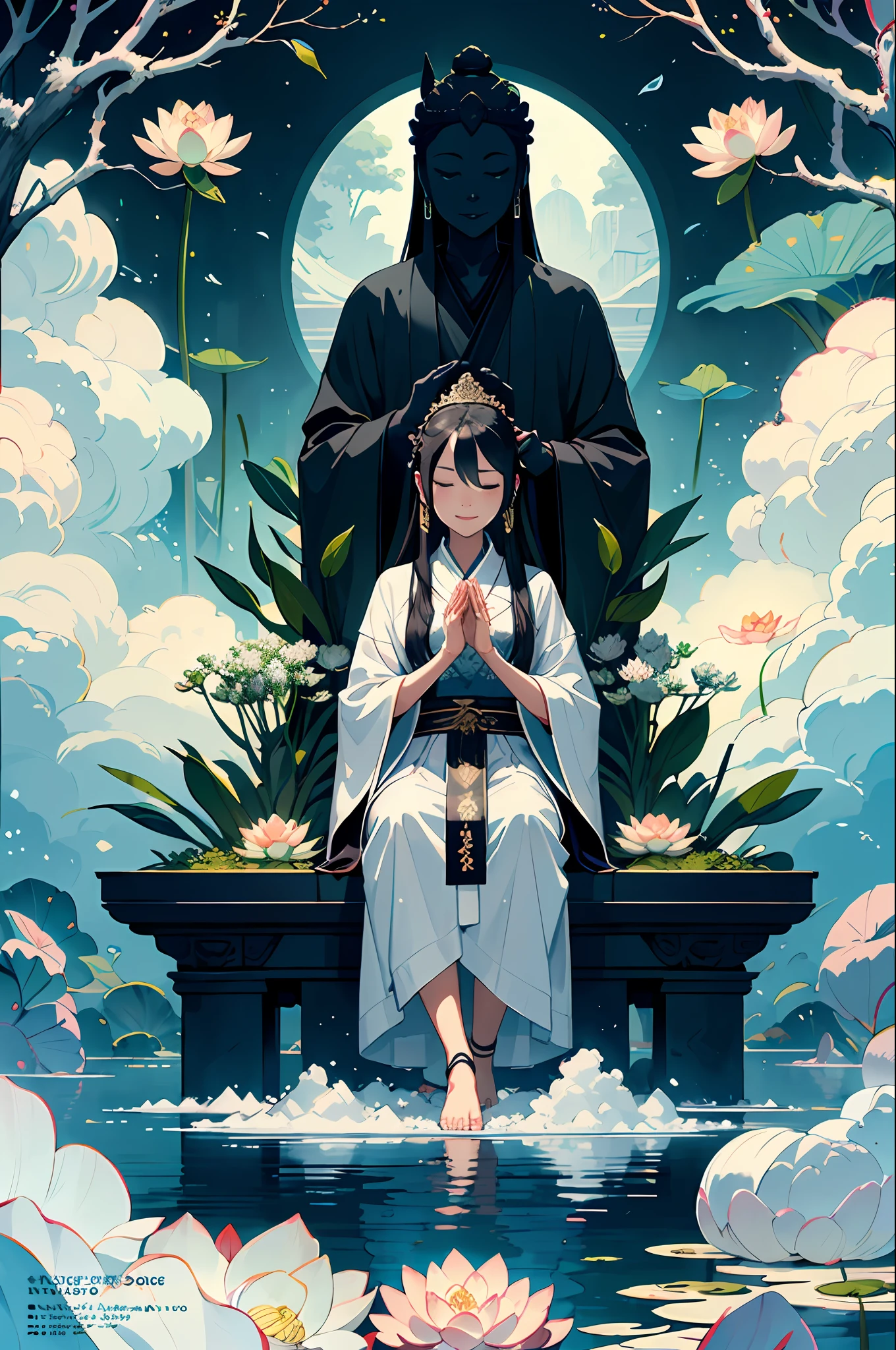 dreamy, serene, white and green:1.2),
(full body, sitting, Guanyin with jade bottle:1.1),(praying hands),(blessing),(smiling),(compassionate),
(lotus throne, floating, below Guanyin:1.2),
(lotus flowers, branches),
(dry ice, fog, below:1.1),
(from front),(medium shot),
As she sits on a floating lotus throne, Guanyin holds a jade bottle and makes a praying gesture. She smiles and blesses the world with her compassion. Behind her, lotus flowers and branches surround her, creating a natural and peaceful backdrop. Below her, dry ice forms a fog that adds to the dreamy atmosphere. The main colors are white and green, creating a pure and harmonious mood.
(magazine:1.3), (cover-style:1.3), fashionable, woman, vibrant, outfit, posing, front, colorful, dynamic, background, elements, confident, expression, holding, statement, accessory, majestic, coiled, around, touch, scene, text, cover, bold, attention-grabbing, title, stylish, font, catchy, headline, larger, striking, modern, trendy, focus, fashion,