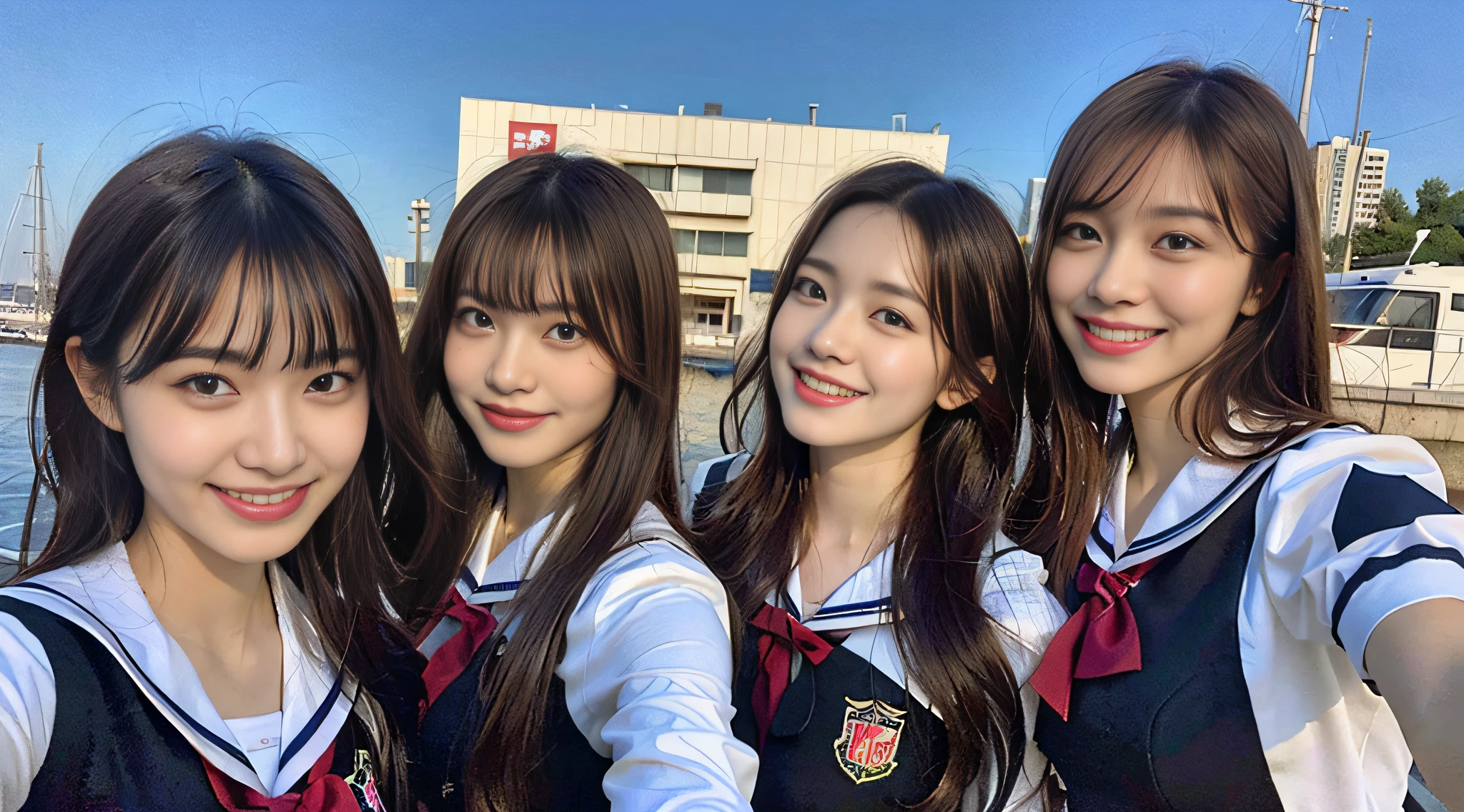 (8K、Raw photography、finely best quality、masterpiece:1.2)、ultra-detailliert、ultra res、(realisitic、Real Photographics:1.47)、(I enjoy fishing out to sea by boat)Above the sea、Full of heart、Heart pattern(Fantastic lighting)head to waist、、de pele branca、Fair-skinned female proofreading、An ultra-high picture quality、、Beautiful female proofreading reflecting in light、amazing detailed、Beautiful girls in very detailed、Faces with different patterns、Different face patterns、Each hairstyle has its own characteristics、Farbe々Hairstyle、Farbe々Hair color shining with clean light、I enjoy fishing on a boat、Brown hair shining in the light、One has a ponytail、、Modern cute high school girl、very detailed faces very detailed eyes、Very realistic skin、 extremely detailed fingers, highly detailed nose, highly detail mouth, perfect anatomia, Highly detailed sailor suit、、The details of their hair and uniforms shine through、Burning teeth and smiling、Realistic body, de pele branca, glistning skin, Slim body, Long straight hair, (Blunt bangs:1.2), , nixeu and sakimichan, TWICE, Seifuku, sakimichan, JK Uniform, wearing japanese school uniform, promo still, Larisa Manobal, Japan school uniform, japanese girl school uniform, alena aenami and lilia alvarado